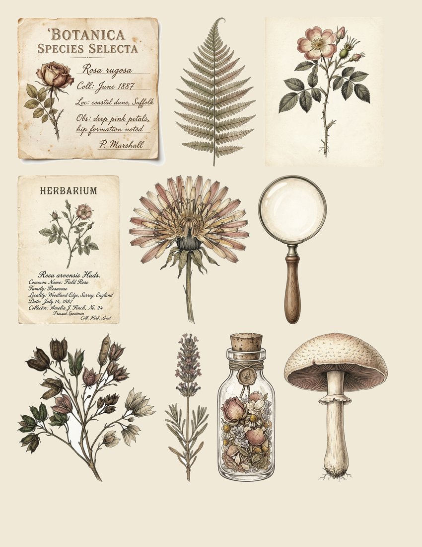 Pressed Herbarium Junk Journal Kit | Vintage Botanical Ephemera & Naturalist Labels | Digital Download