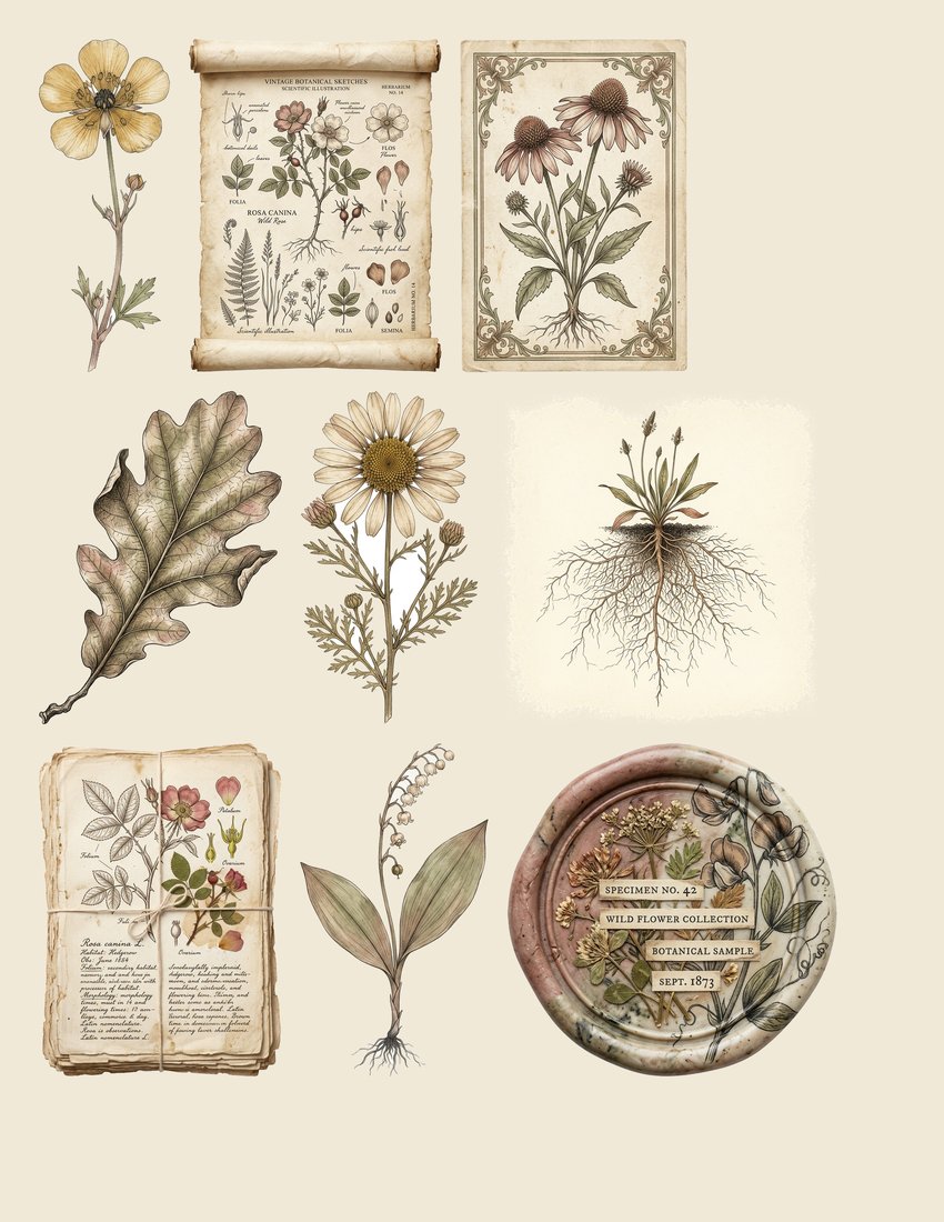 Pressed Herbarium Junk Journal Kit | Vintage Botanical Ephemera & Naturalist Labels | Digital Download