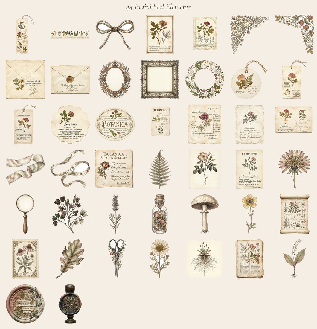Pressed Herbarium Junk Journal Kit | Vintage Botanical Ephemera & Naturalist Labels | Digital Download