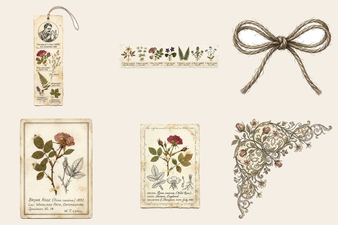 Pressed Herbarium Junk Journal Kit | Vintage Botanical Ephemera & Naturalist Labels | Digital Download