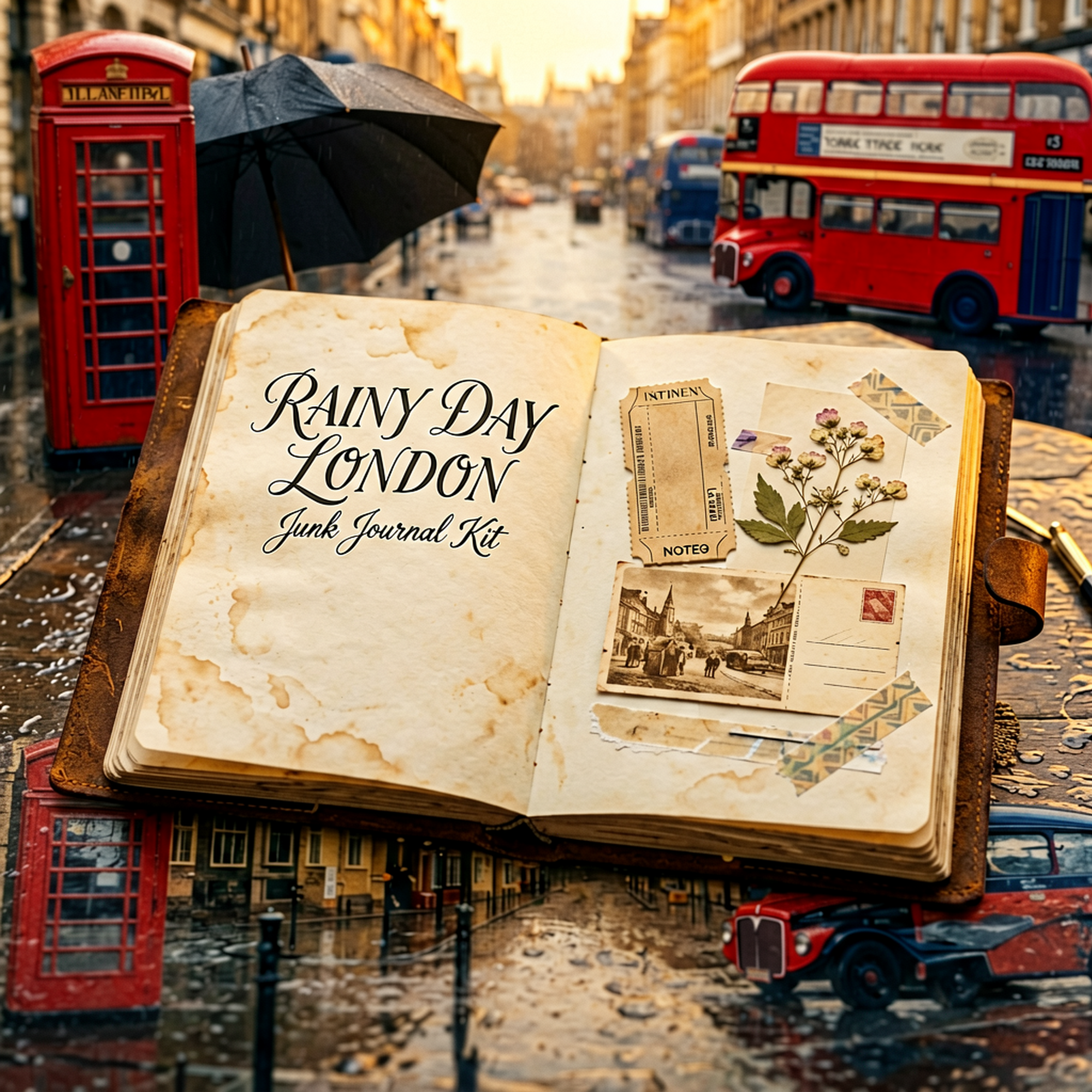 Rainy Day London Junk Journal Kit | Umbrella & Red Phone Box Ephemera Papers | Printable Cut-Outs | Digital Download