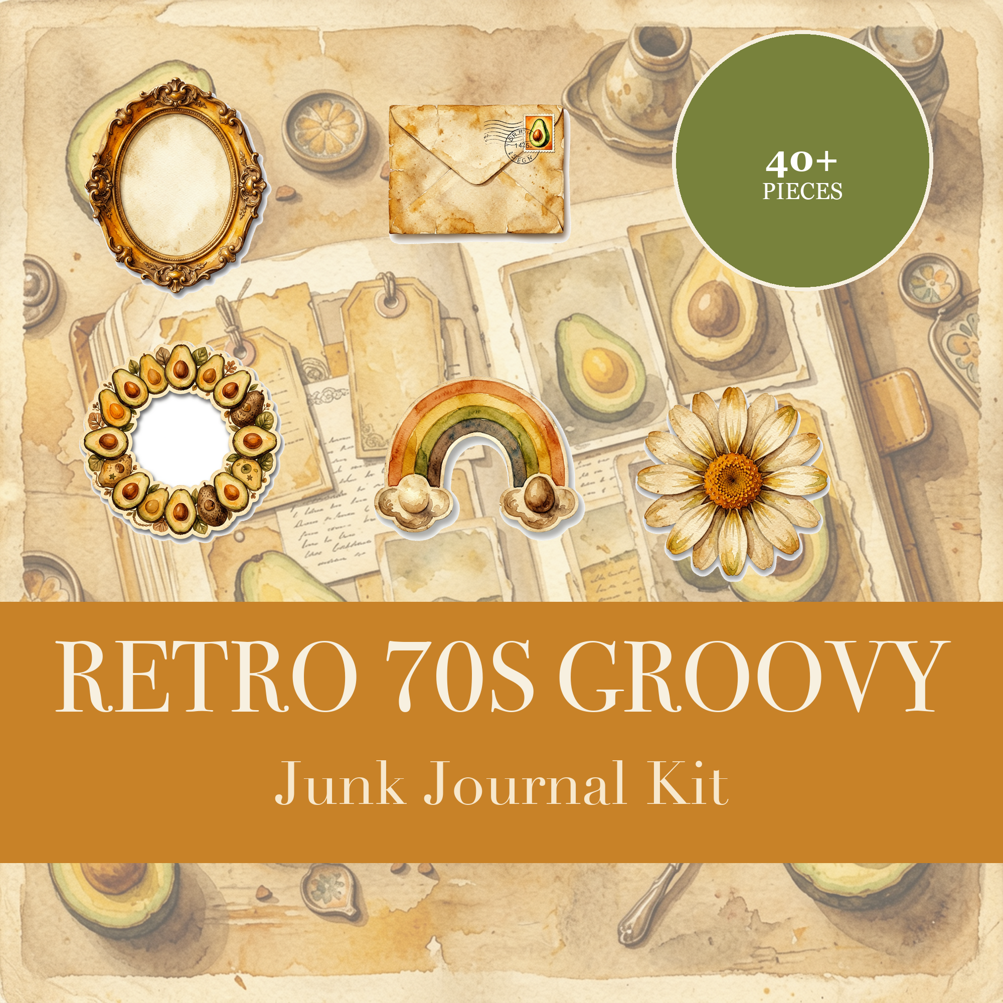 Kit Junk Journal Rétro Années 70 Groovy | Éphémères Arc-en-ciel et Flower Power | Découpes Imprimables | Téléchargement Numérique