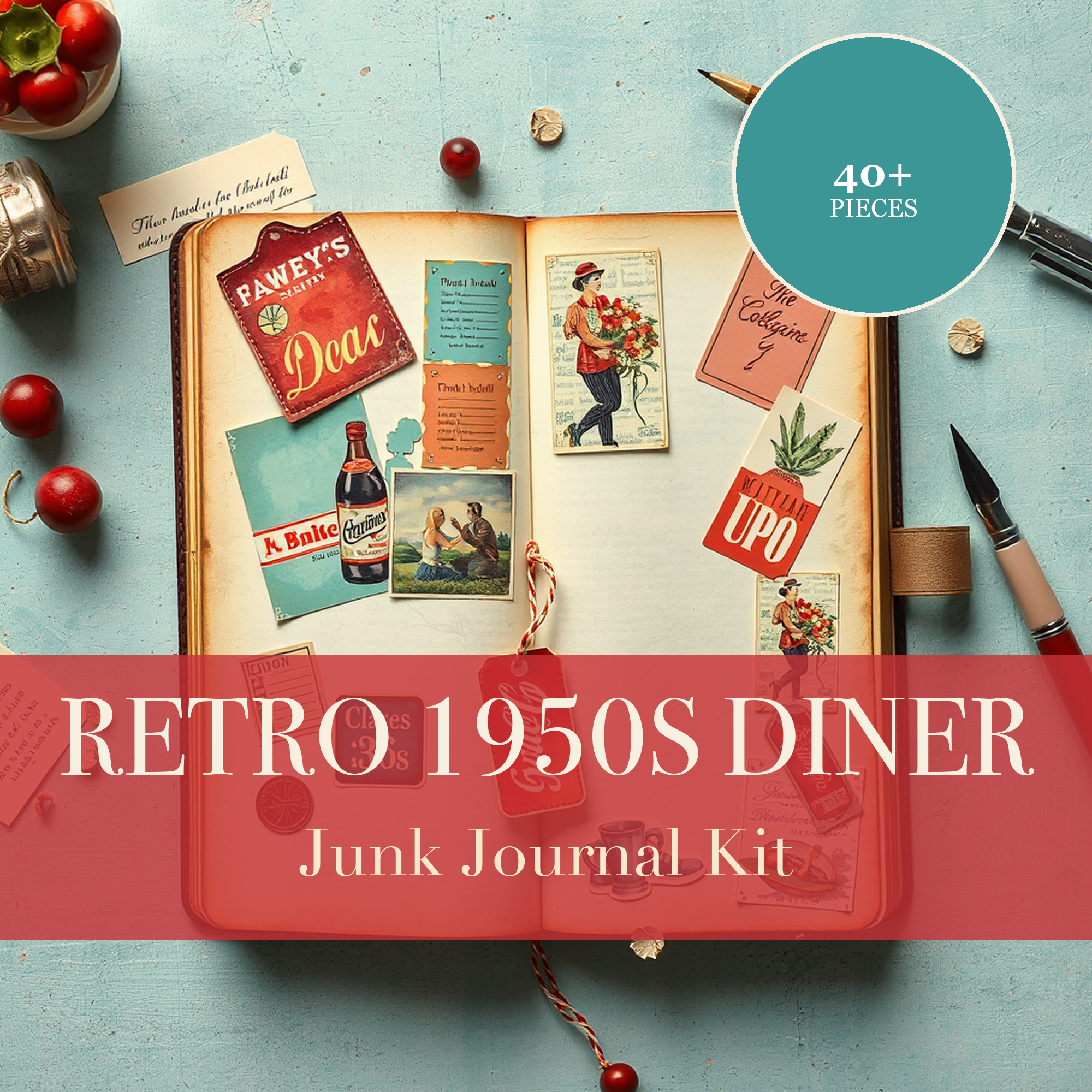 Retro 1950s Diner Junk Journal Kit | Milkshake & Jukebox Ephemera Papers | Printable Cut-Outs | Digital Download