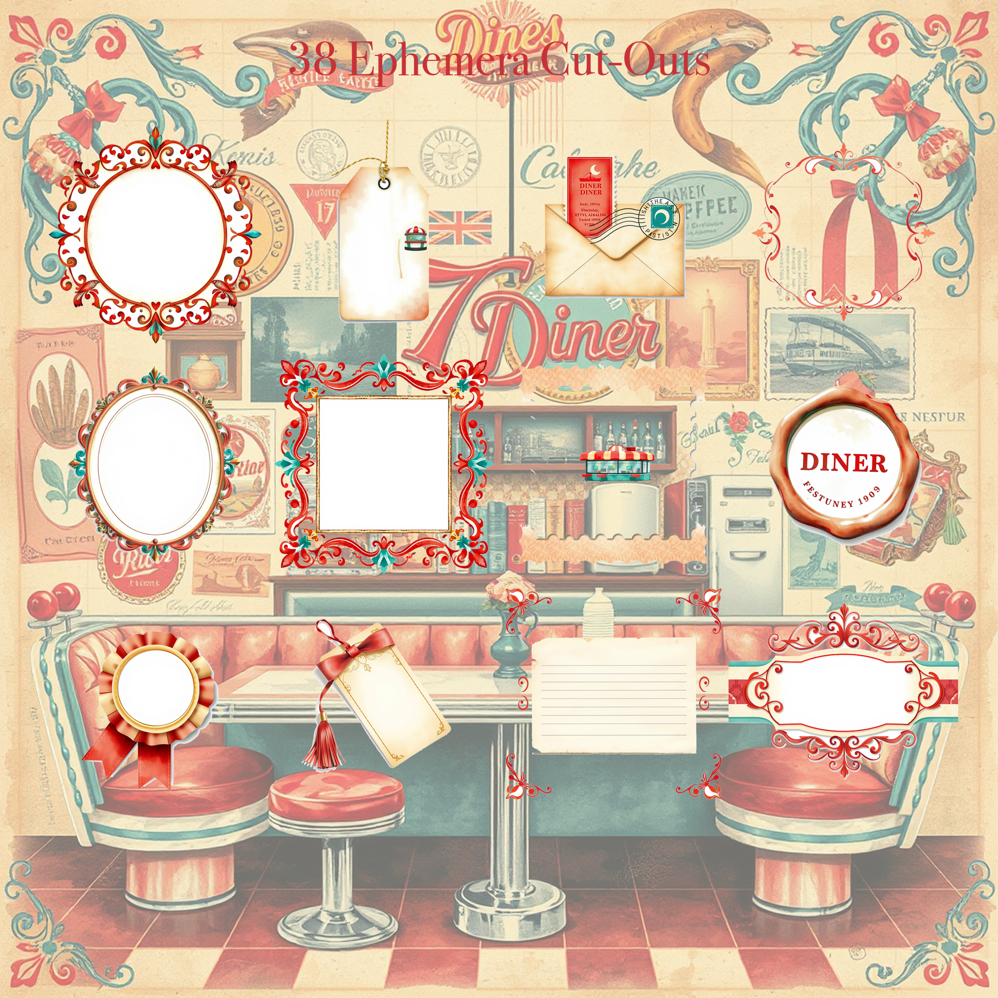 Retro 1950s Diner Junk Journal Kit | Milkshake & Jukebox Ephemera Papers | Printable Cut-Outs | Digital Download