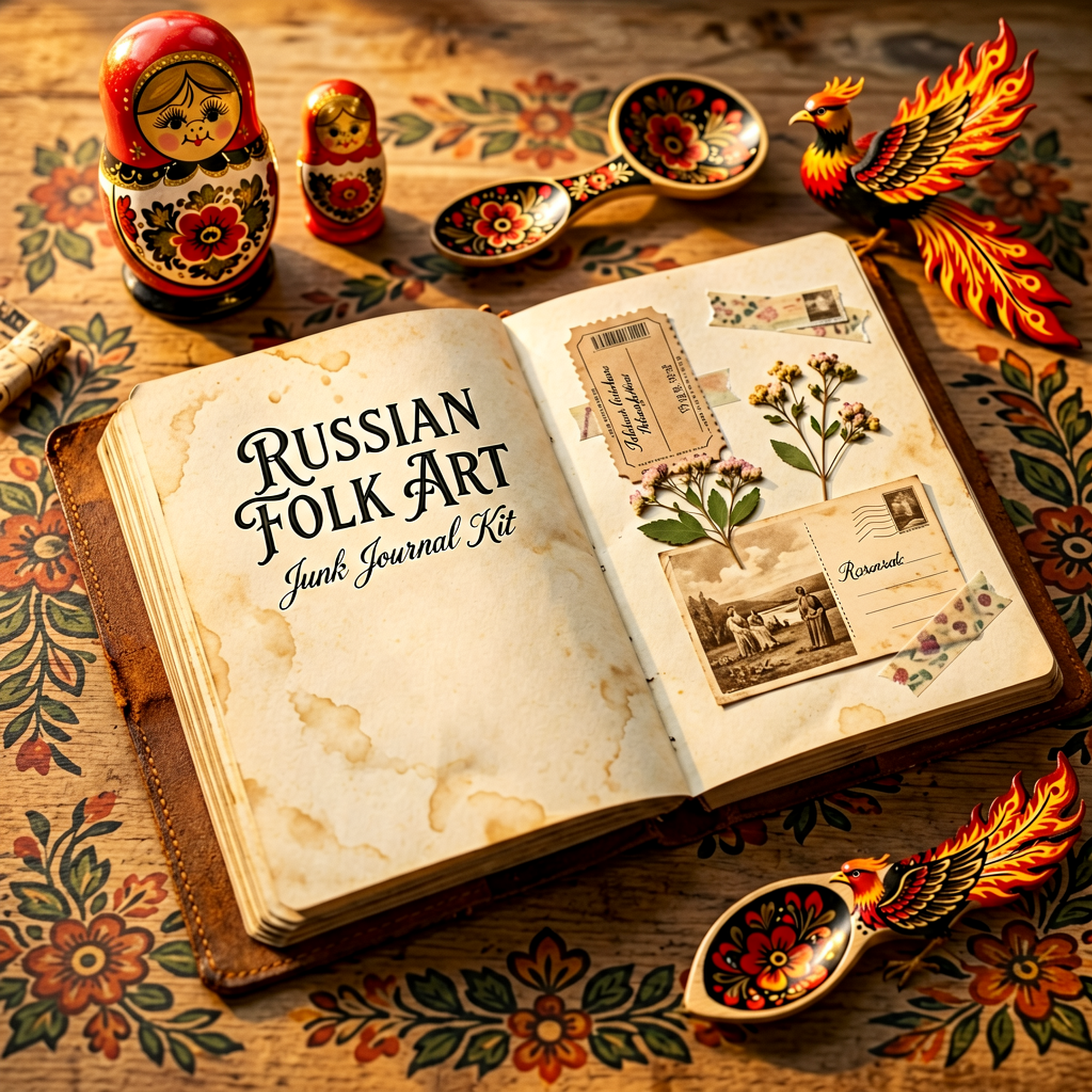 Russian Folk Art Junk Journal Kit | Matryoshka & Khokhloma Ephemera Papers | Printable Cut-Outs | Digital Download