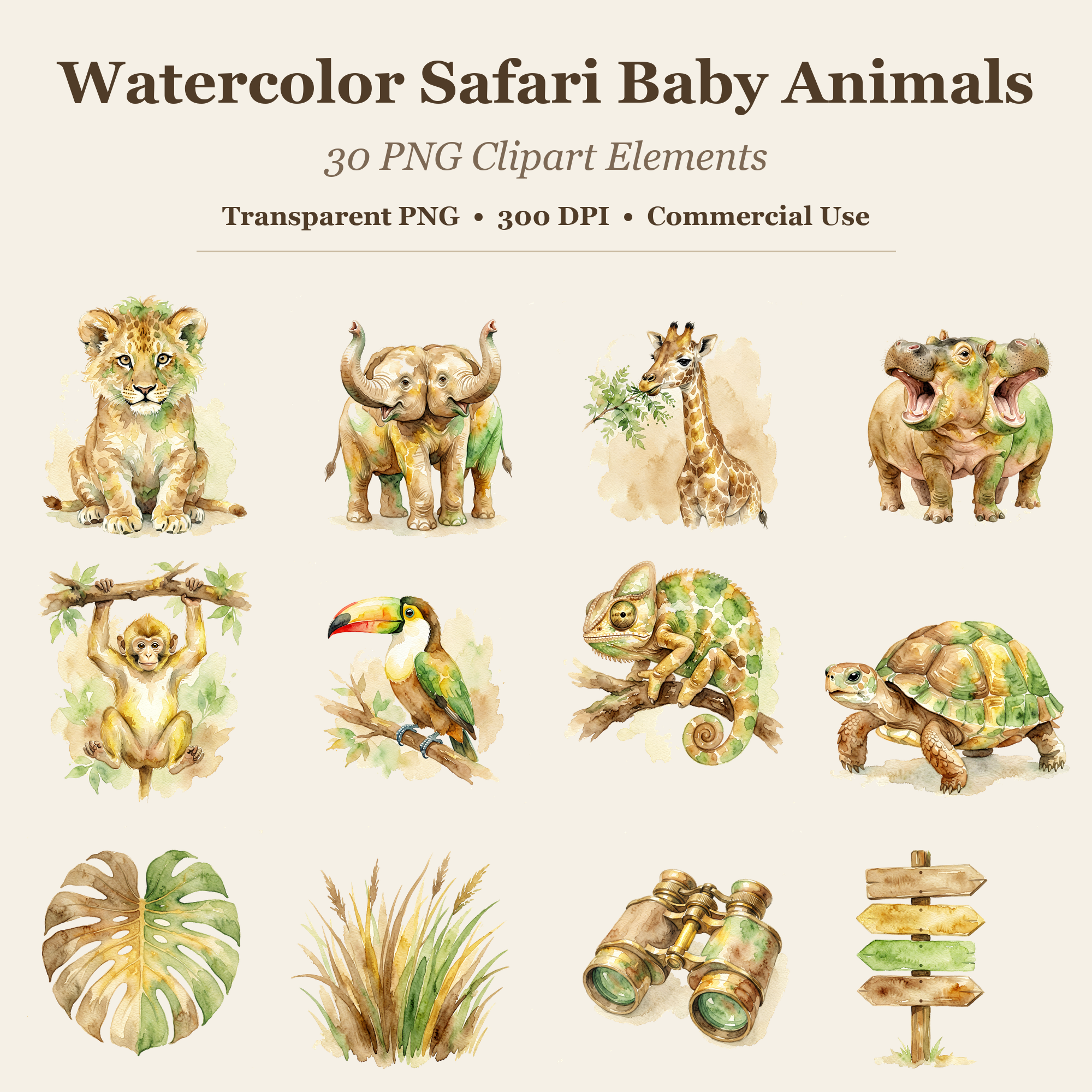 Watercolor Safari Baby Animals Clipart, 30 PNG, Transparent Background, Commercial Use, Digital Download
