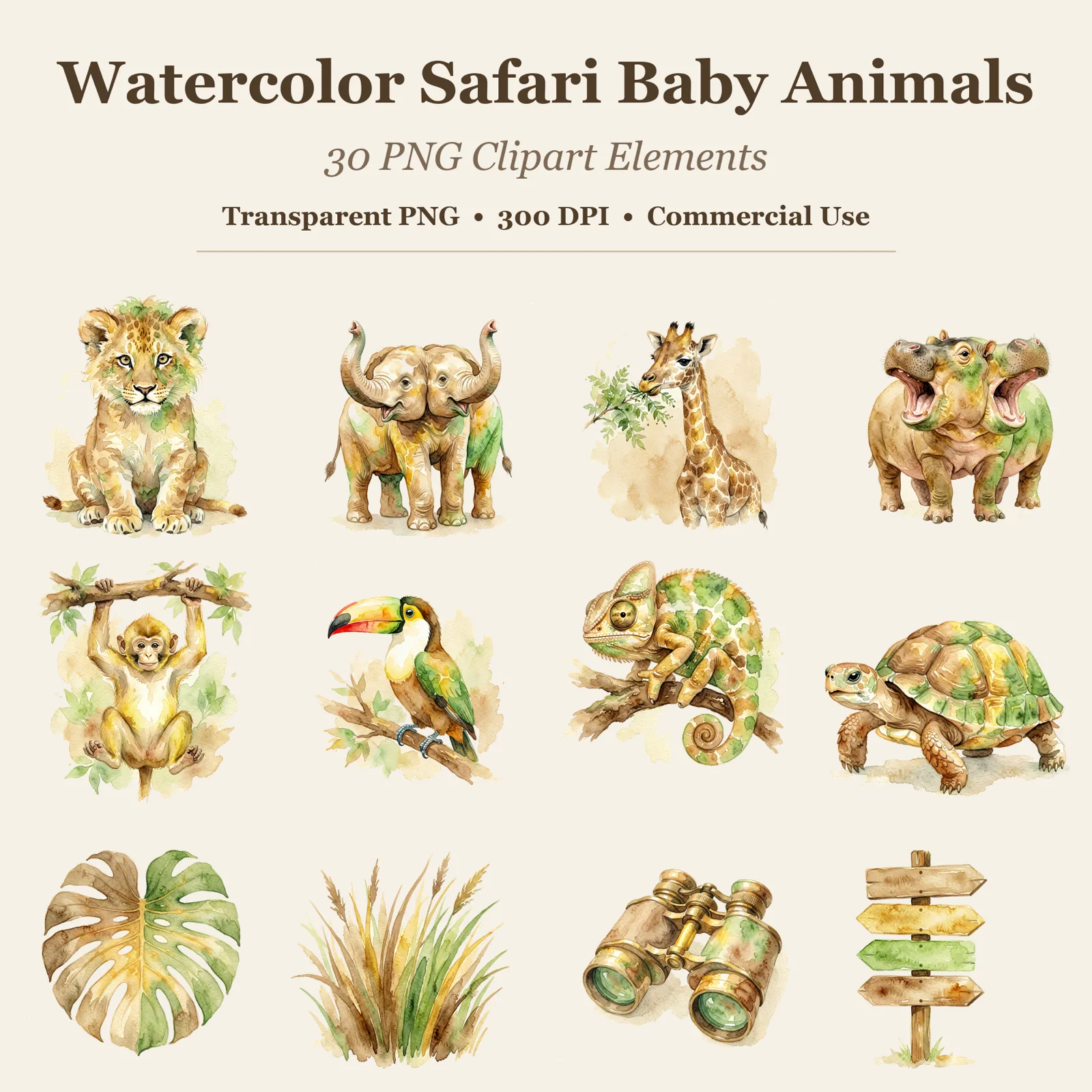 Watercolor Safari Baby Animals Clipart, 30 PNG, Transparent Background, Commercial Use, Digital Download