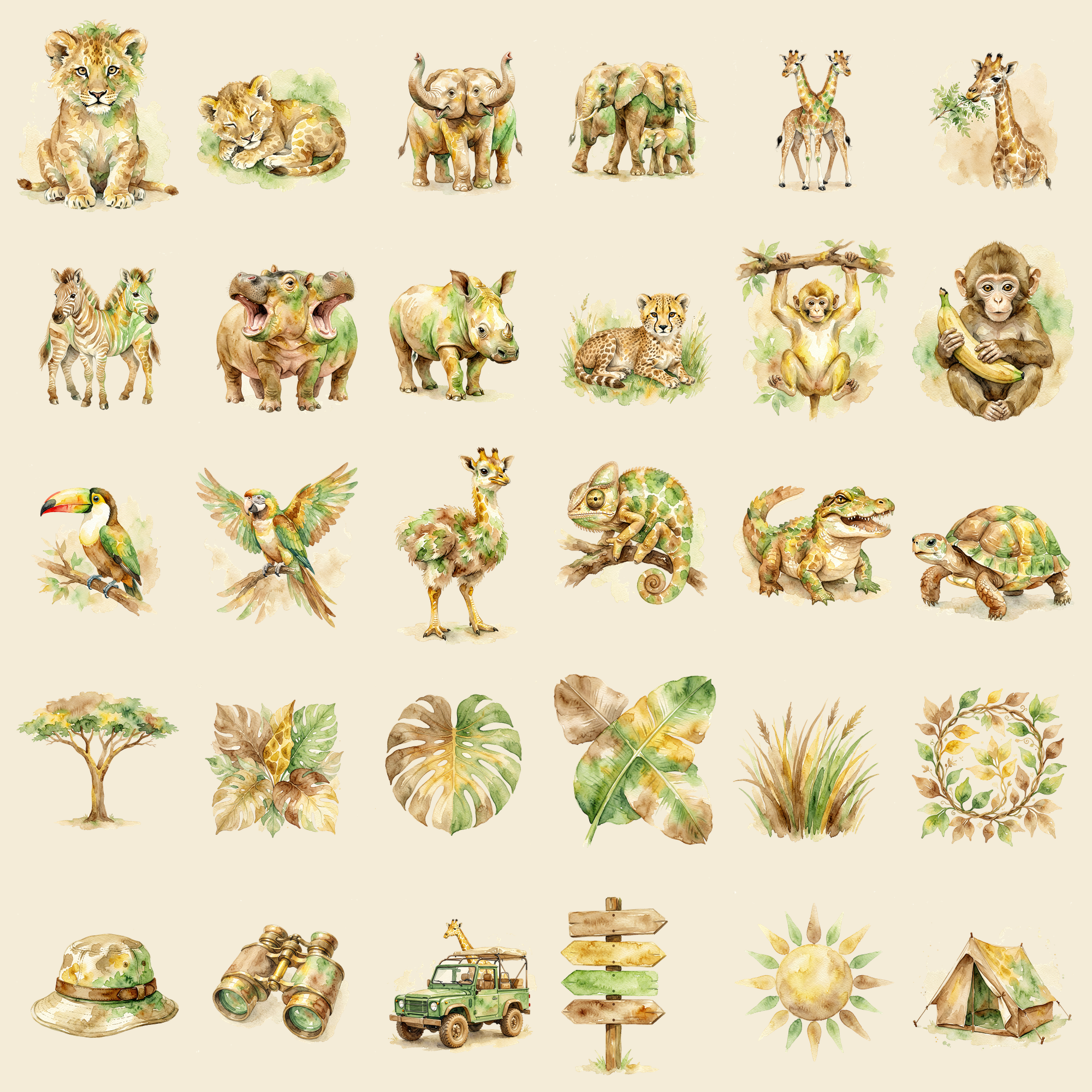 Watercolor Safari Baby Animals Clipart, 30 PNG, Transparent Background, Commercial Use, Digital Download