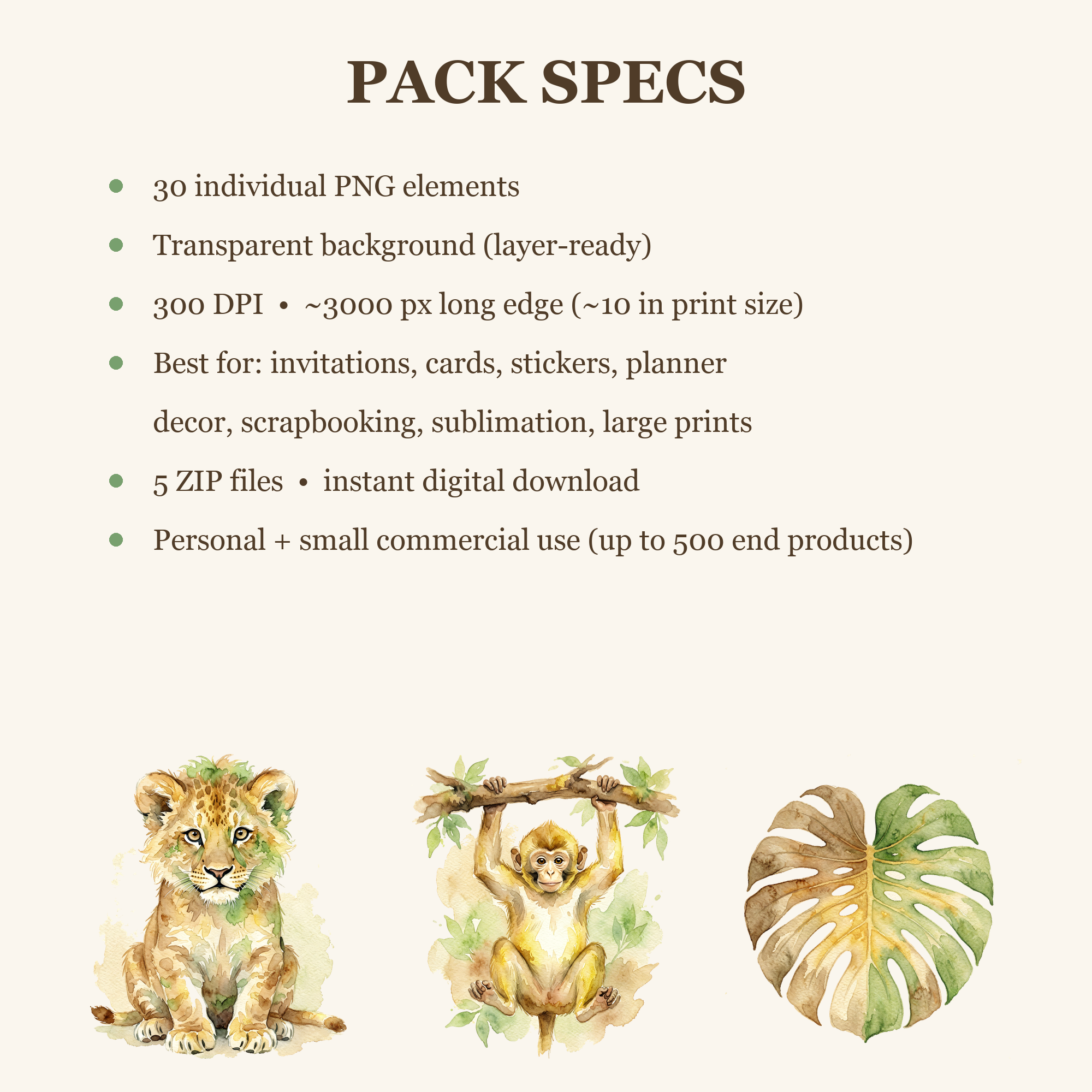 Watercolor Safari Baby Animals Clipart, 30 PNG, Transparent Background, Commercial Use, Digital Download