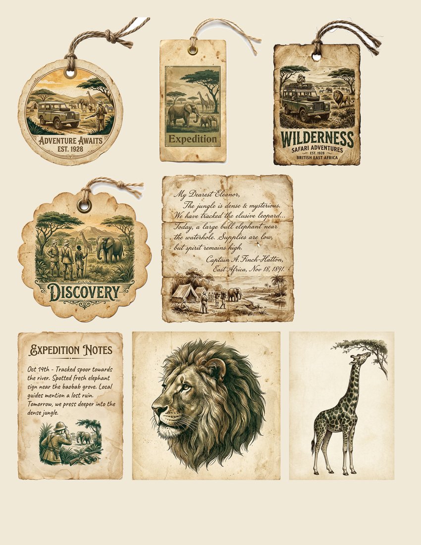 Safari Expedition Junk Journal Kit | Vintage Travel Ephemera | Digital Download