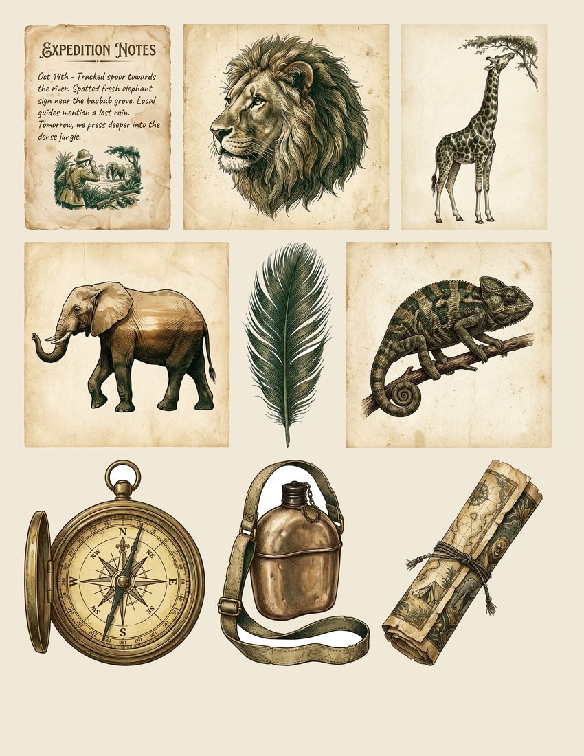 Safari Expedition Junk Journal Kit | Vintage Travel Ephemera | Digital Download
