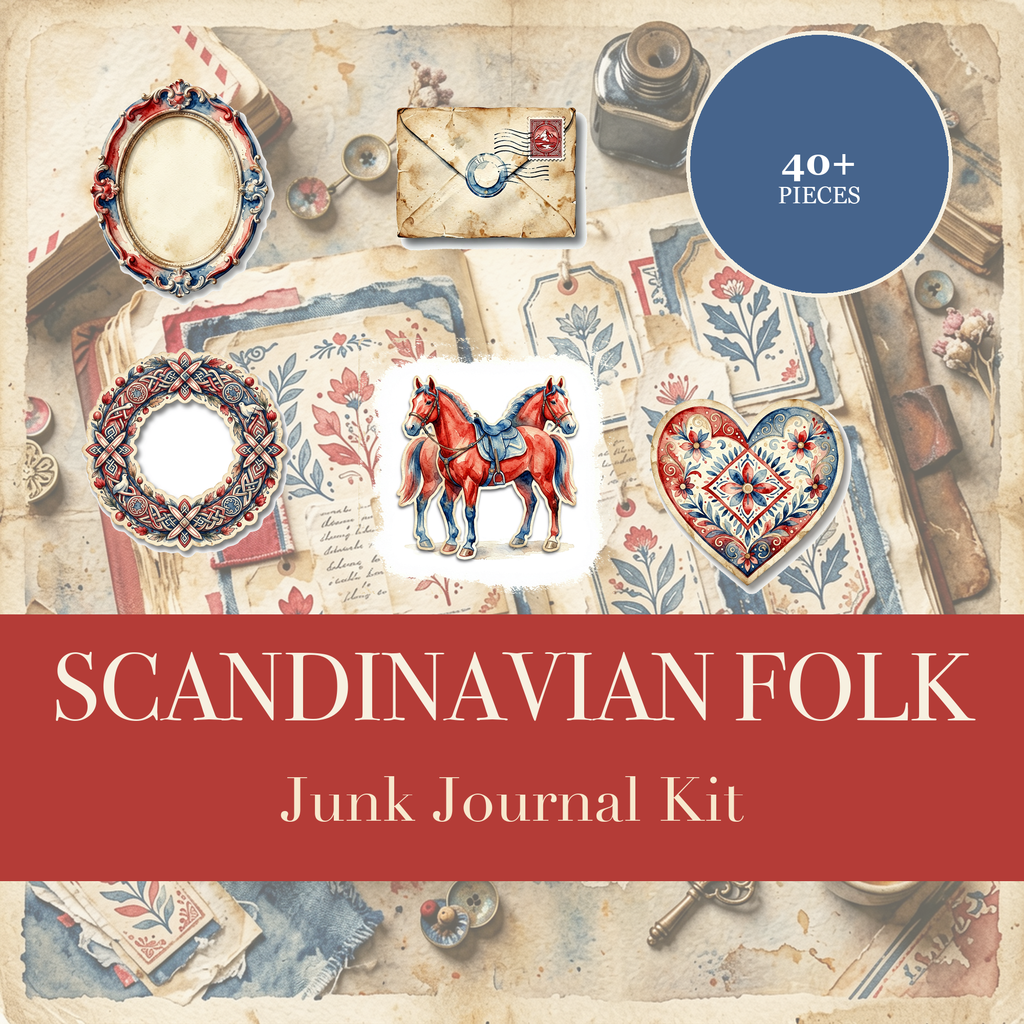 Scandinavian Folk Junk Journal Kit | Nordic Hygge & Dala Ephemera | Printable Cut-Outs | Digital Download
