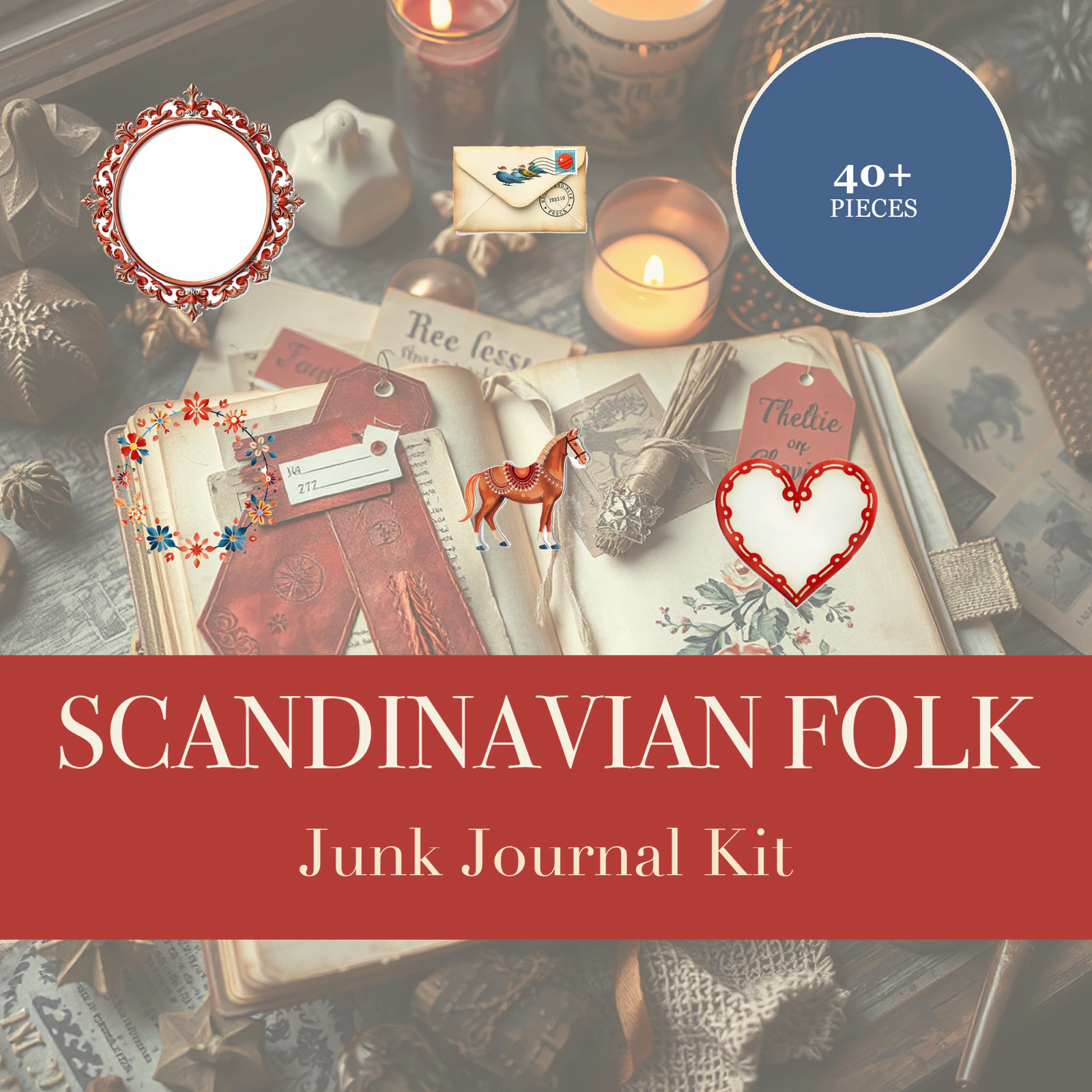 Scandinavian Folk Junk Journal Kit | Nordic Hygge & Dala Ephemera | Printable Cut-Outs | Digital Download