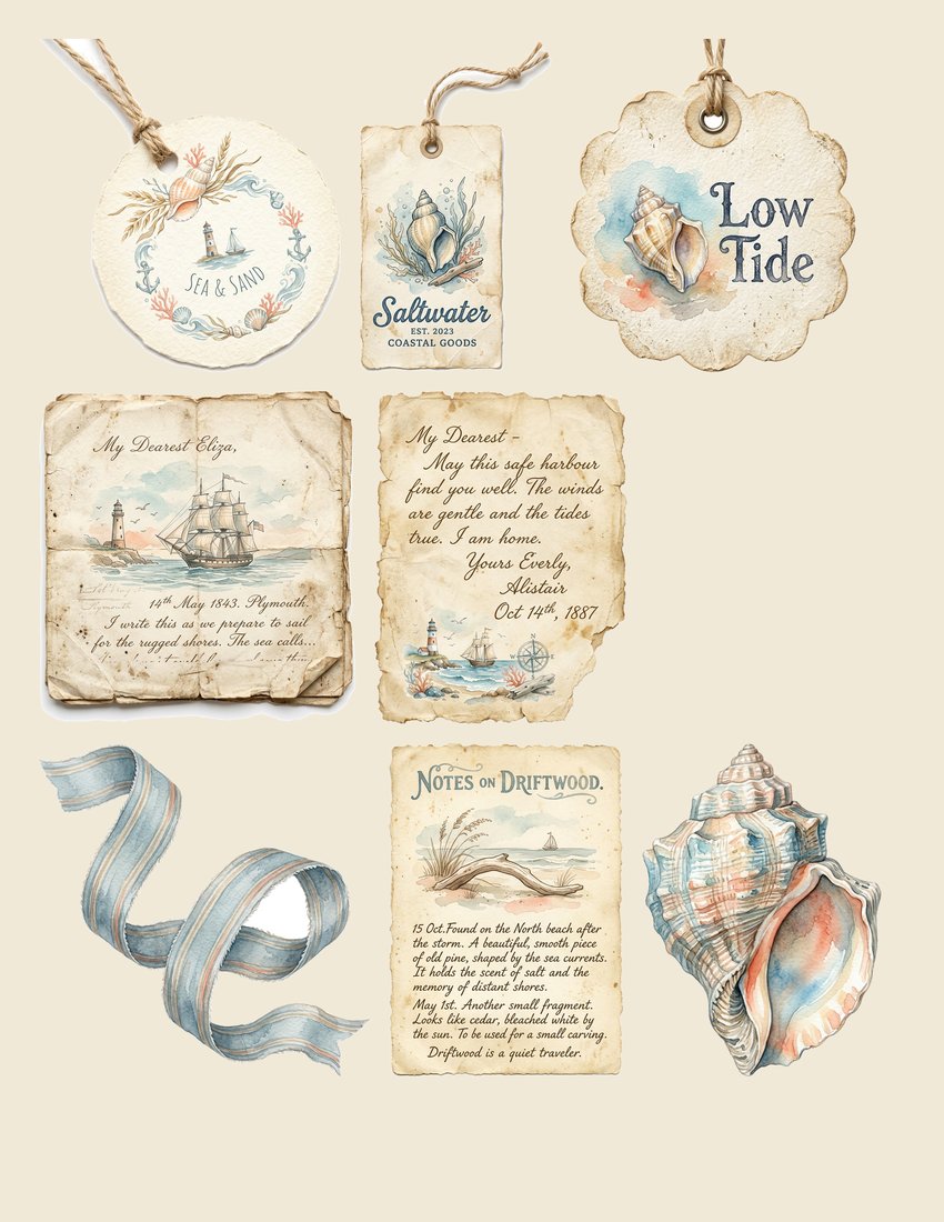 Seaside Memoir Junk Journal Kit | Vintage Nautical Coastal Ephemera + Printable Sheets | Digital Download