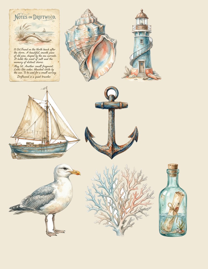 Seaside Memoir Junk Journal Kit | Vintage Nautical Coastal Ephemera + Printable Sheets | Digital Download