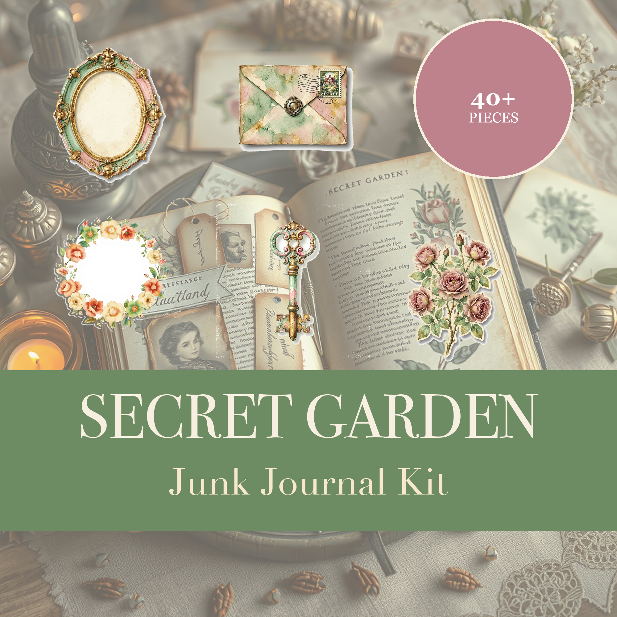 秘密花园 Junk Journal 套装 | 复古钥匙与玫瑰花门拼贴素材 | 可打印裁剪素材 | 数字下载