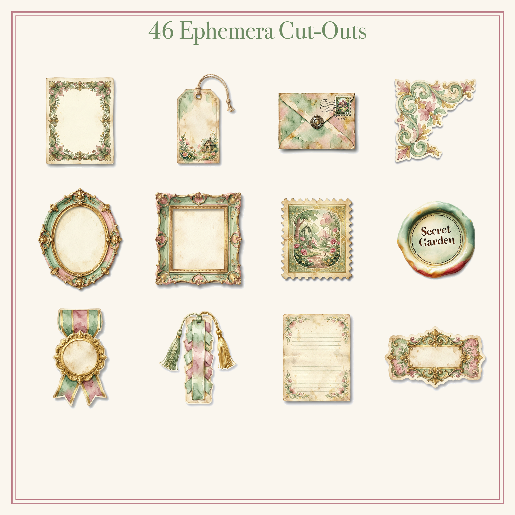 Secret Garden Junk Journal Kit | Vintage Key & Rose Gate Ephemera | Printable Cut-Outs | Digital Download