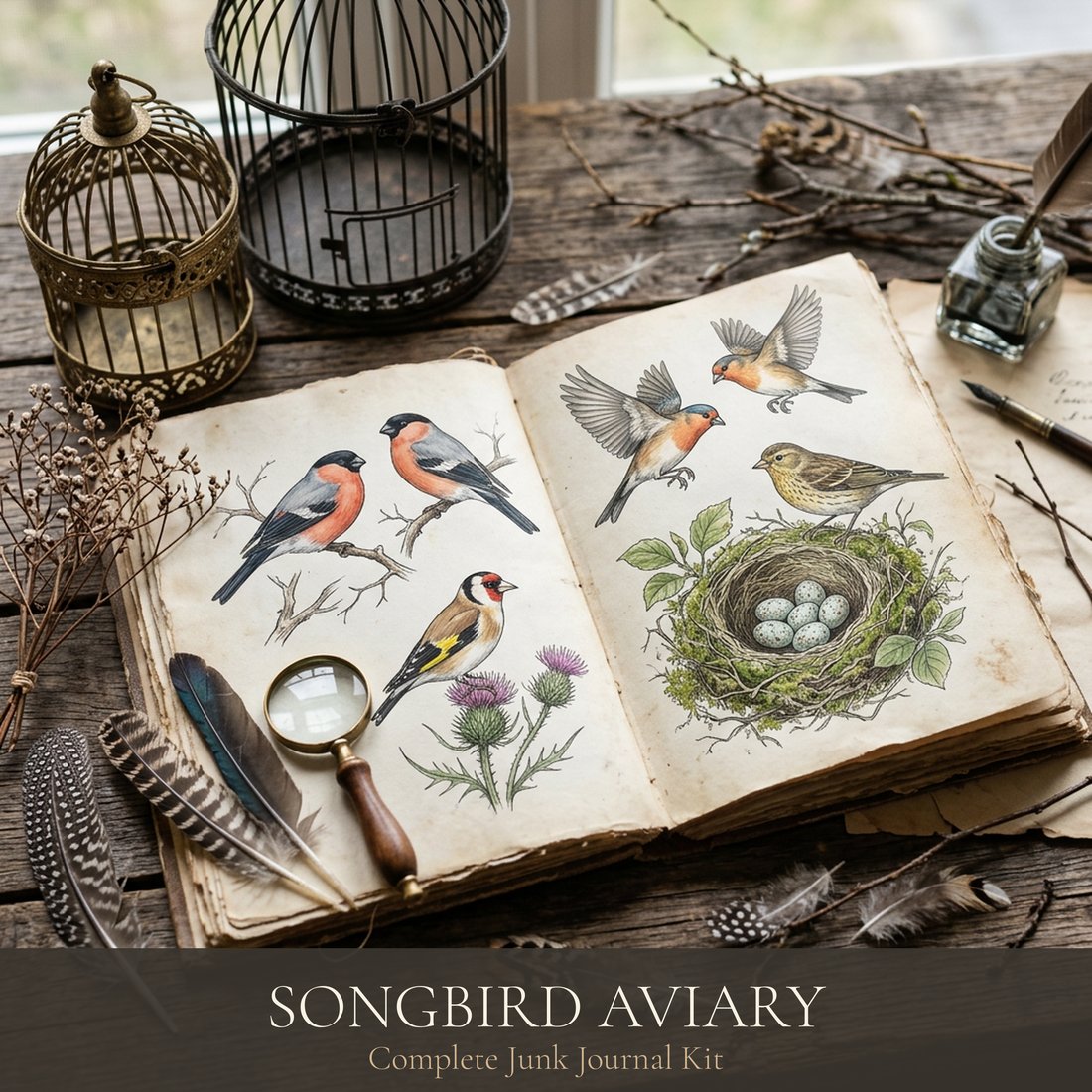 Songbird Aviary Junk Journal Kit | Vintage Feathered Friends Ephemera | Printable Pages | Digital Download
