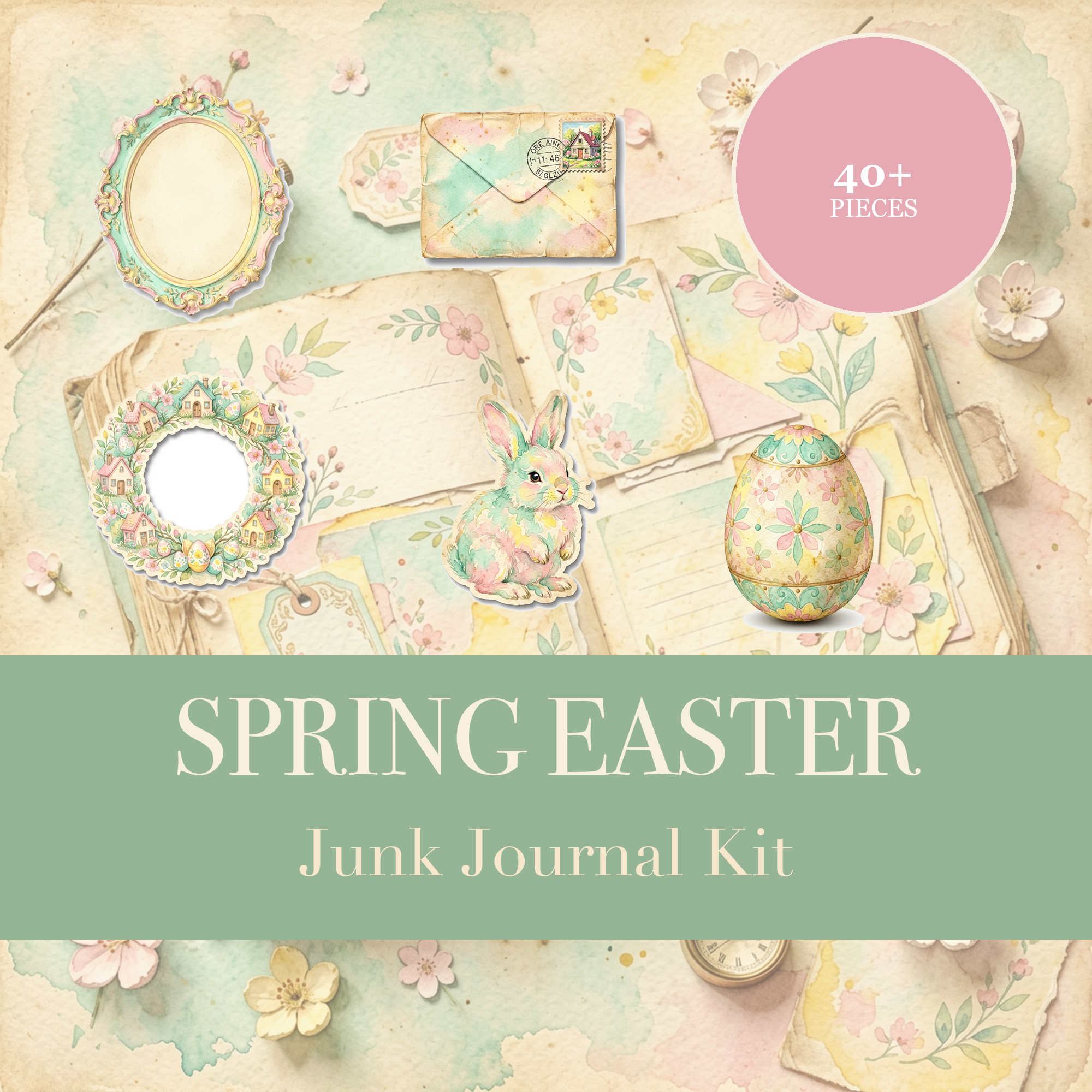 Kit Junk Journal Primavera Pascua | Efímera de Conejito y Cabaña Floral | Recortes Imprimibles | Descarga Digital