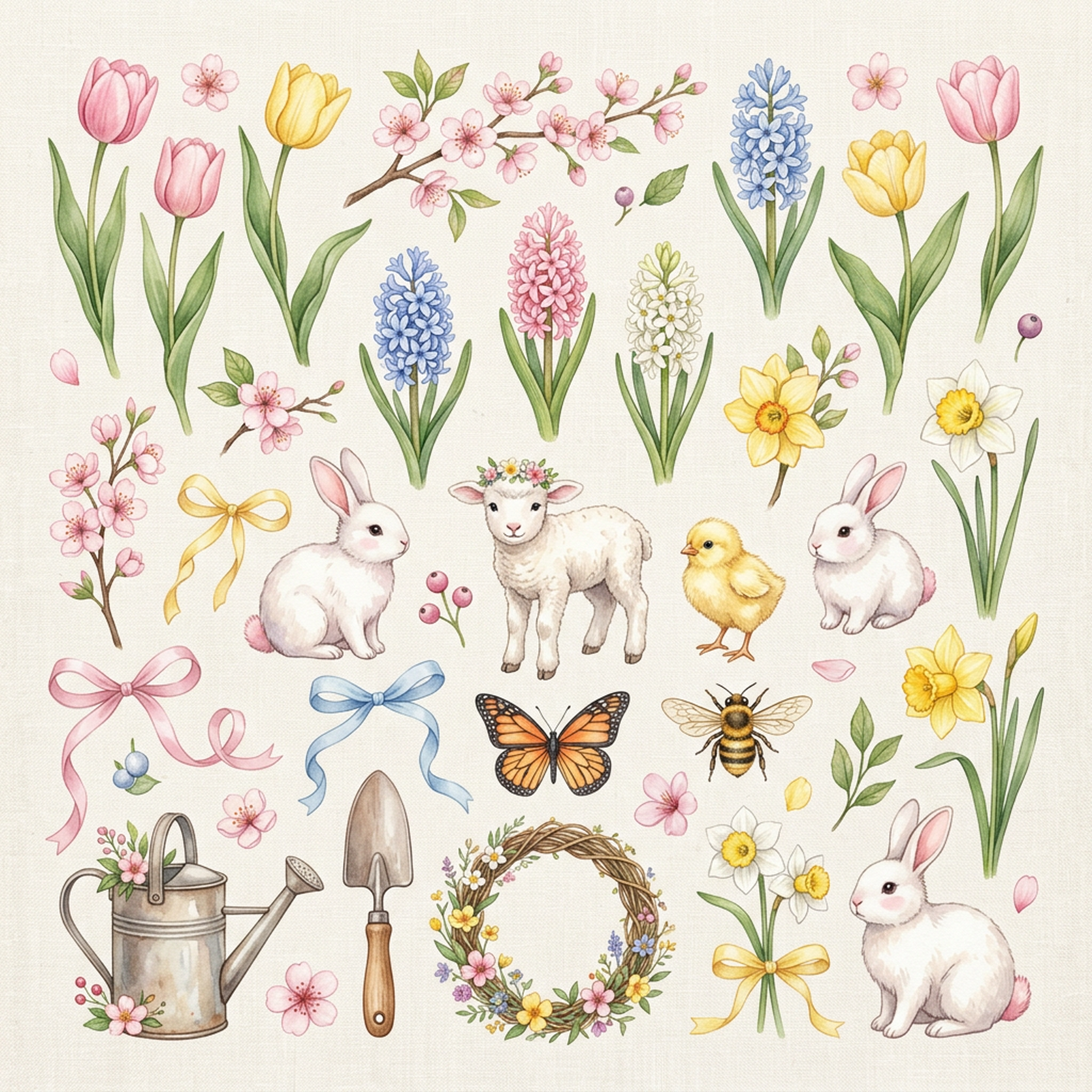 Watercolor Spring Tulips and Bunnies Clipart, 30 PNG, Transparent Background, Commercial Use, Digital Download