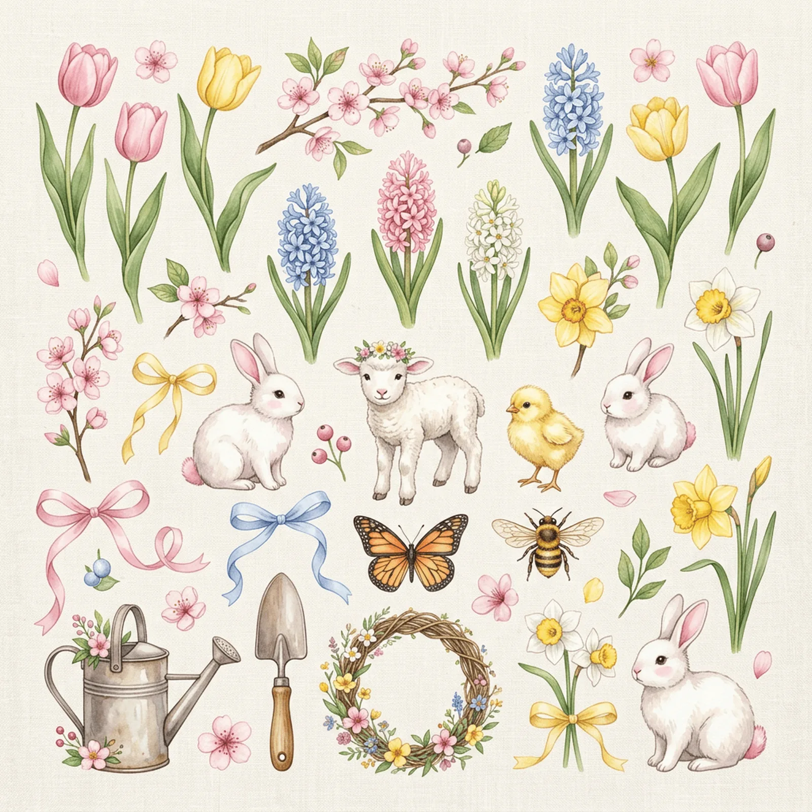 Watercolor Spring Tulips and Bunnies Clipart, 30 PNG, Transparent Background, Commercial Use, Digital Download