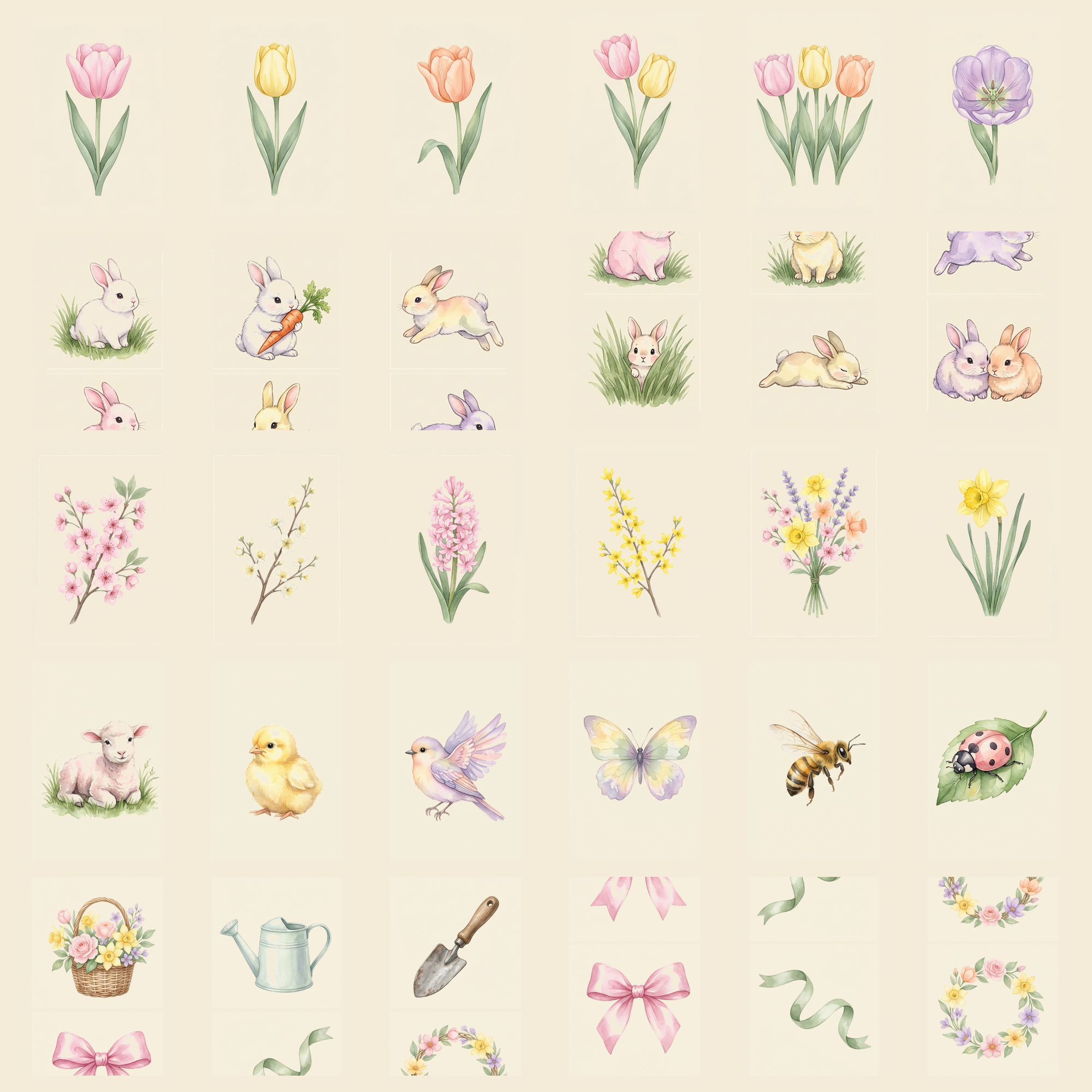Watercolor Spring Tulips and Bunnies Clipart, 30 PNG, Transparent Background, Commercial Use, Digital Download