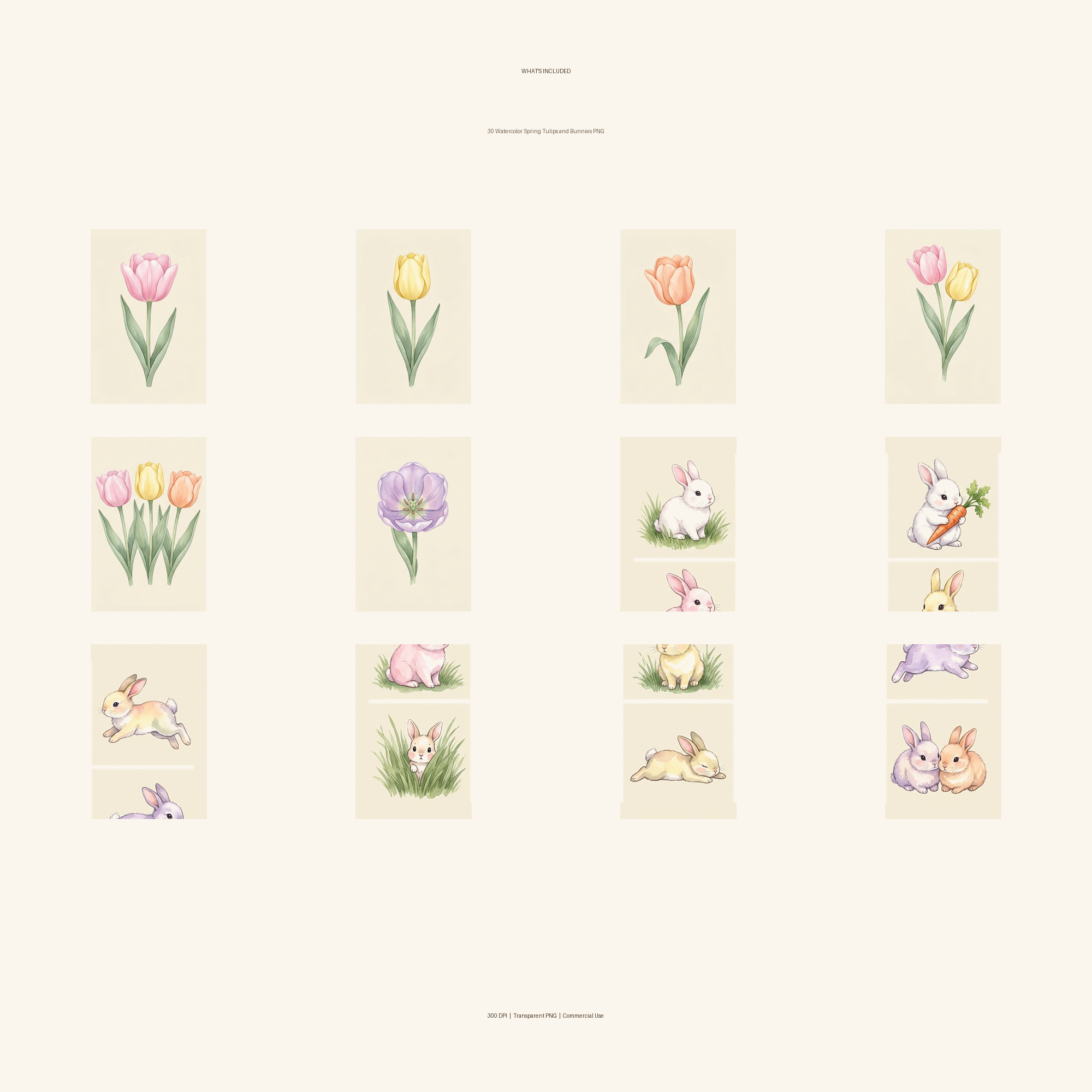 Watercolor Spring Tulips and Bunnies Clipart, 30 PNG, Transparent Background, Commercial Use, Digital Download