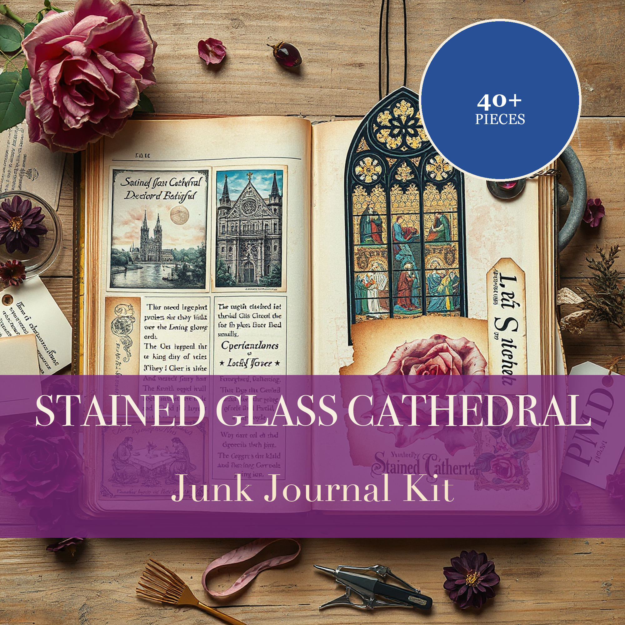 Kit Junk Journal Cathédrale aux Vitraux | Papiers Éphémères de Fenêtres Gothiques Précieuses | Découpes Imprimables | Téléchargement Numérique