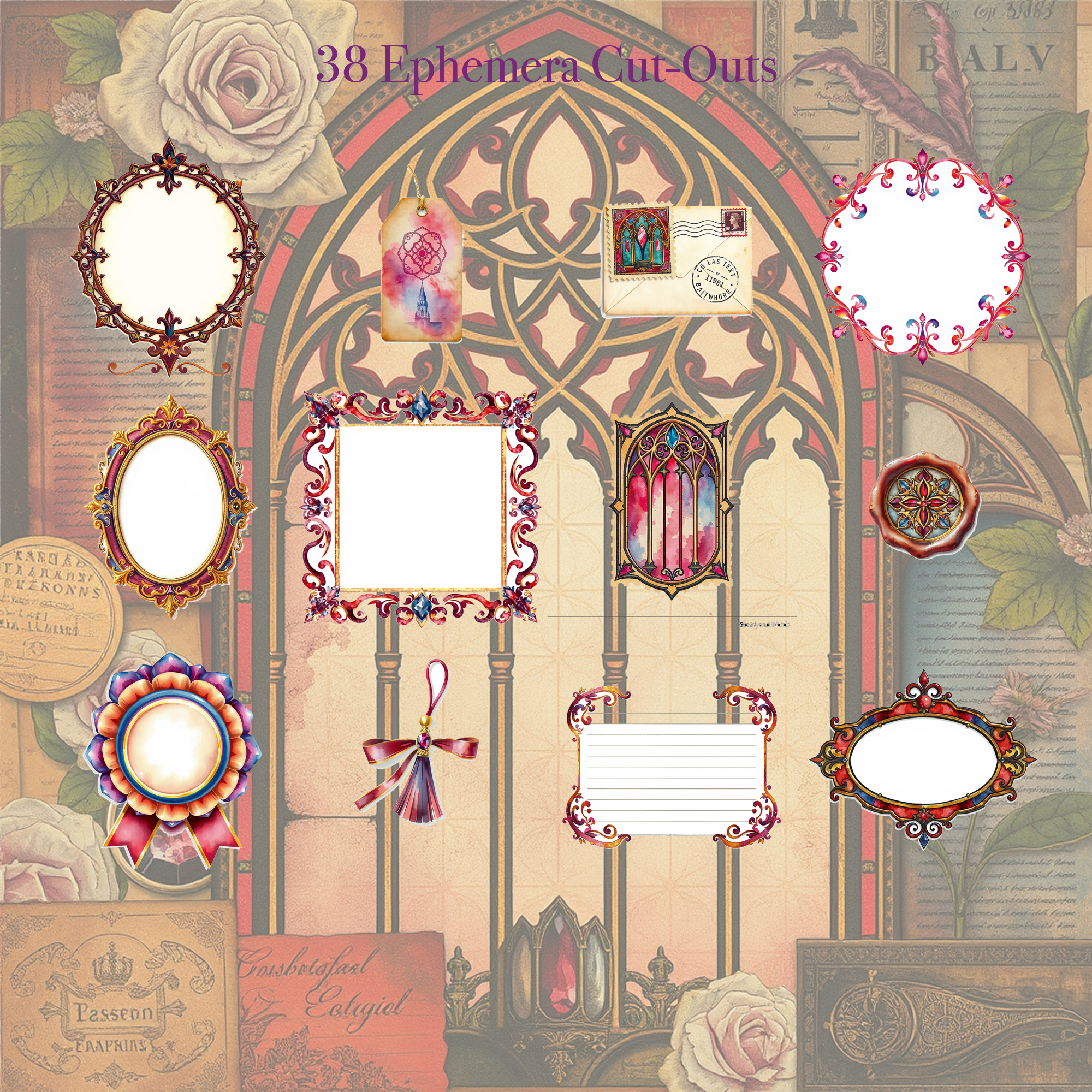 Stained Glass Cathedral Junk Journal Kit | Gothic Jewel Window Ephemera Papers | Printable Cut-Outs | Digital Download