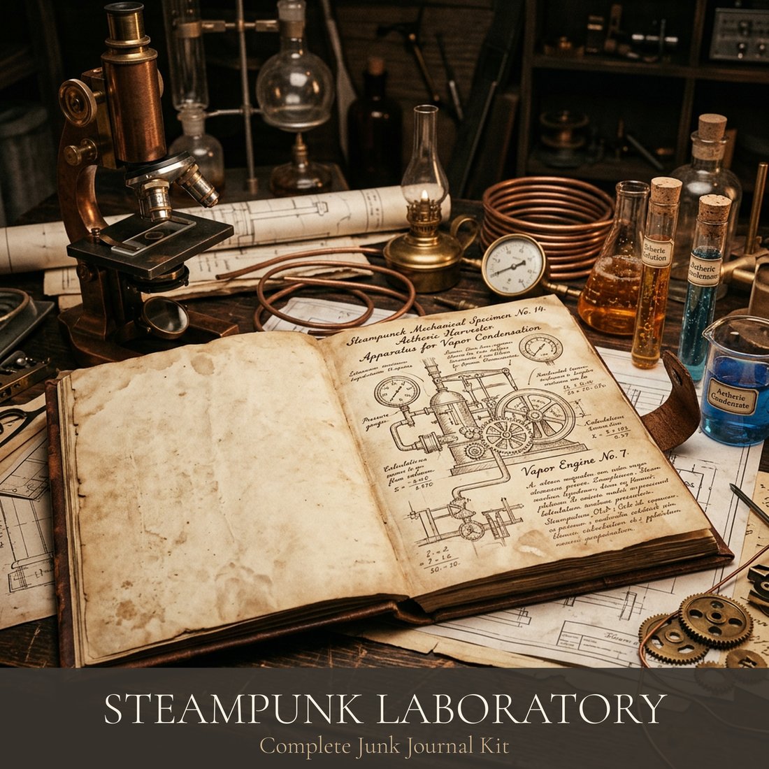 Steampunk Laboratory Junk Journal Kit | Industrial Contraptions Ephemera | Printable Sheets | Digital Download