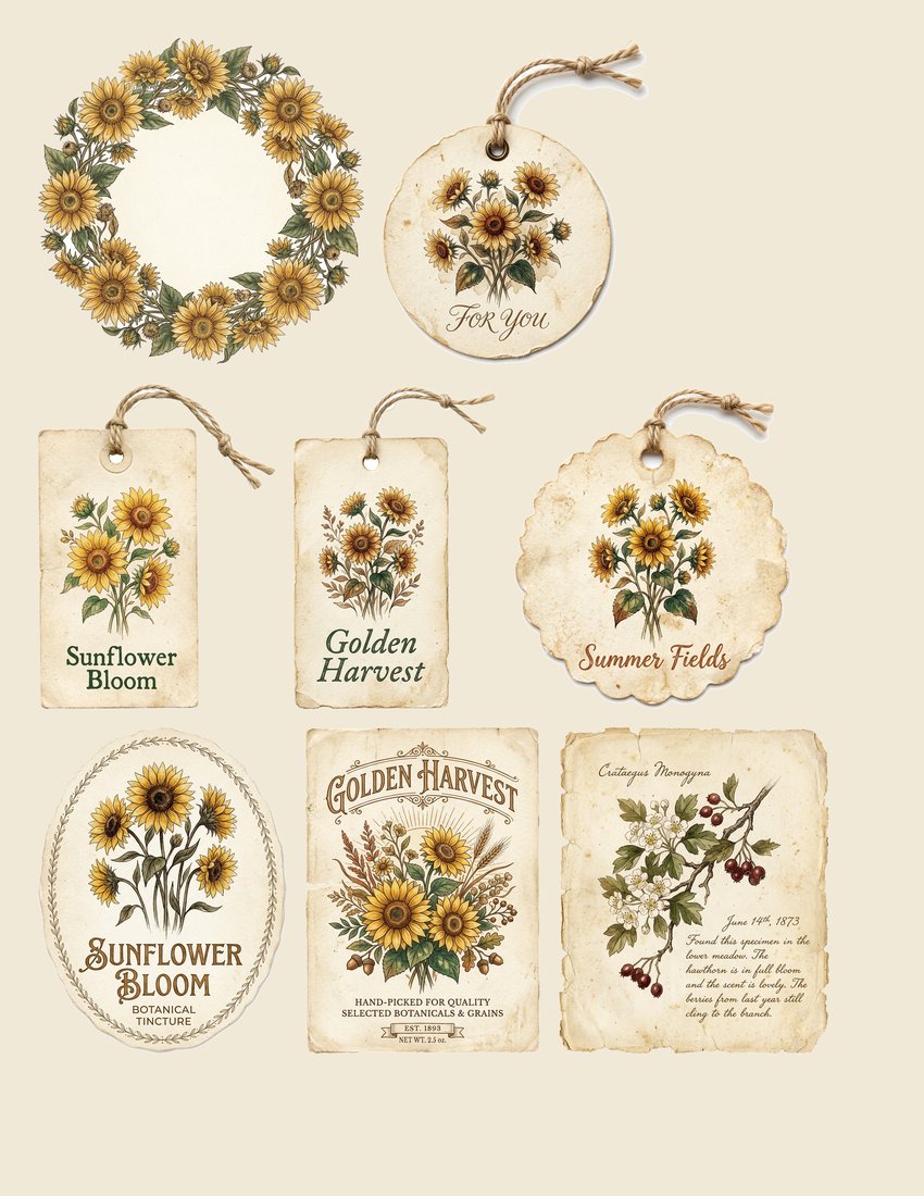 Sunflower Summer Junk Journal Kit | Golden Fields Ephemera | Digital Download