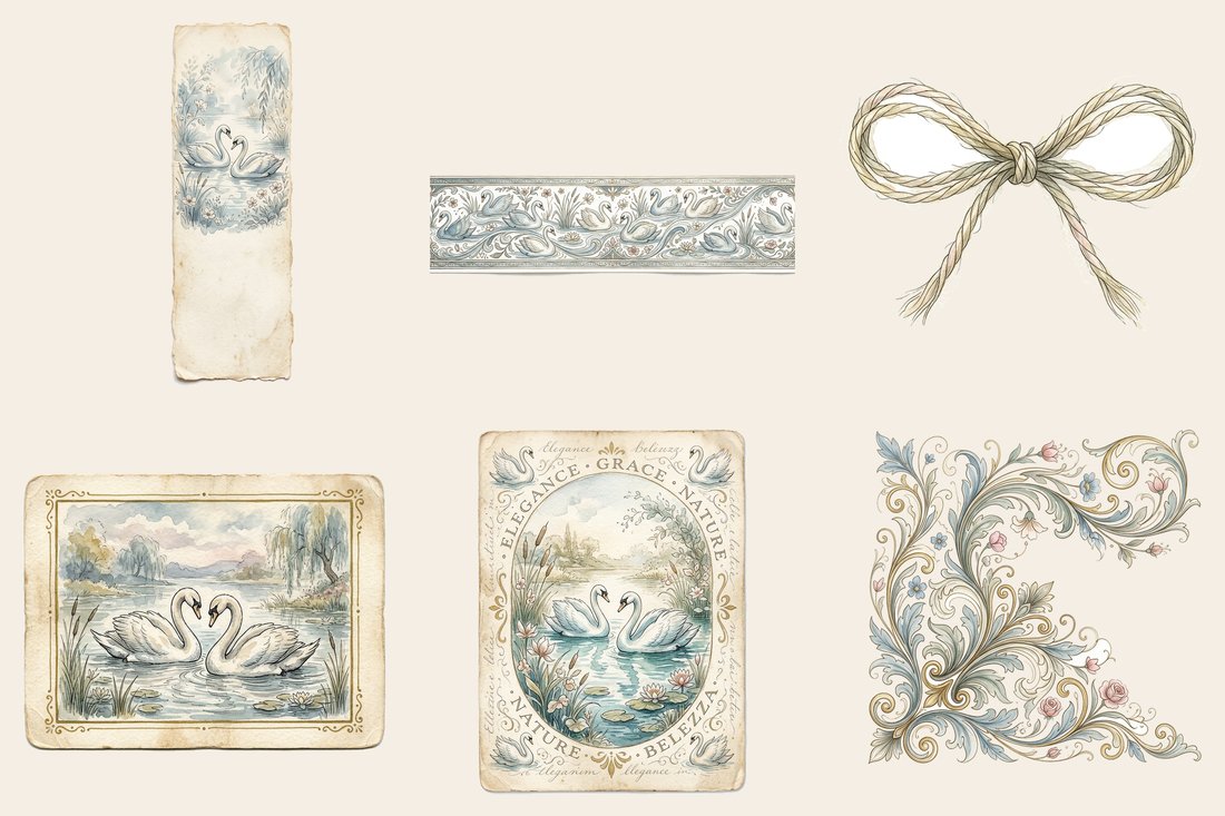 Swan Lake Serenade Junk Journal Kit | Enchanted Feather Ephemera | Printable Sheets | Digital Download