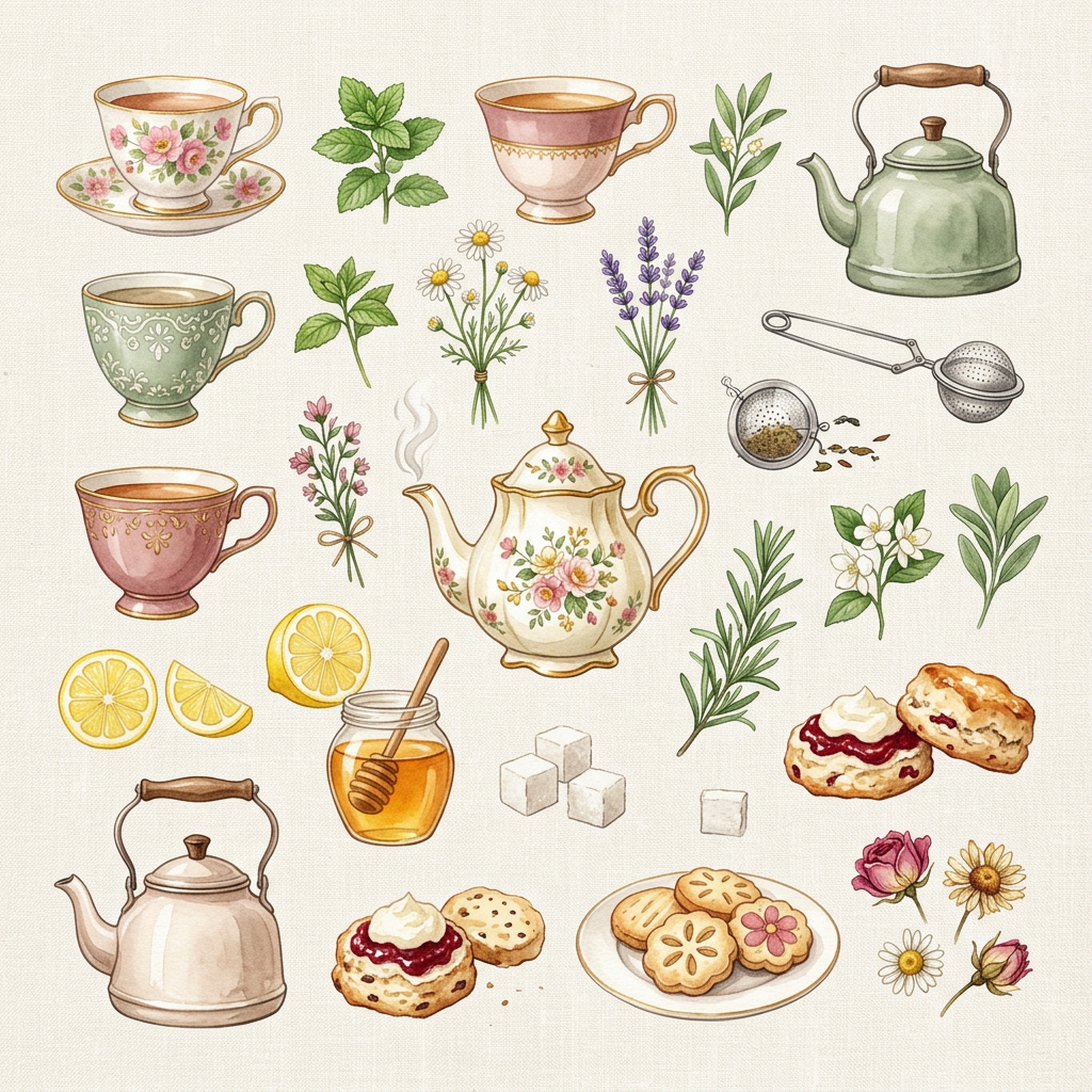 Watercolor Tea Cups and Leaves Clipart, 30 PNG, Transparent Background, Commercial Use, Digital Download