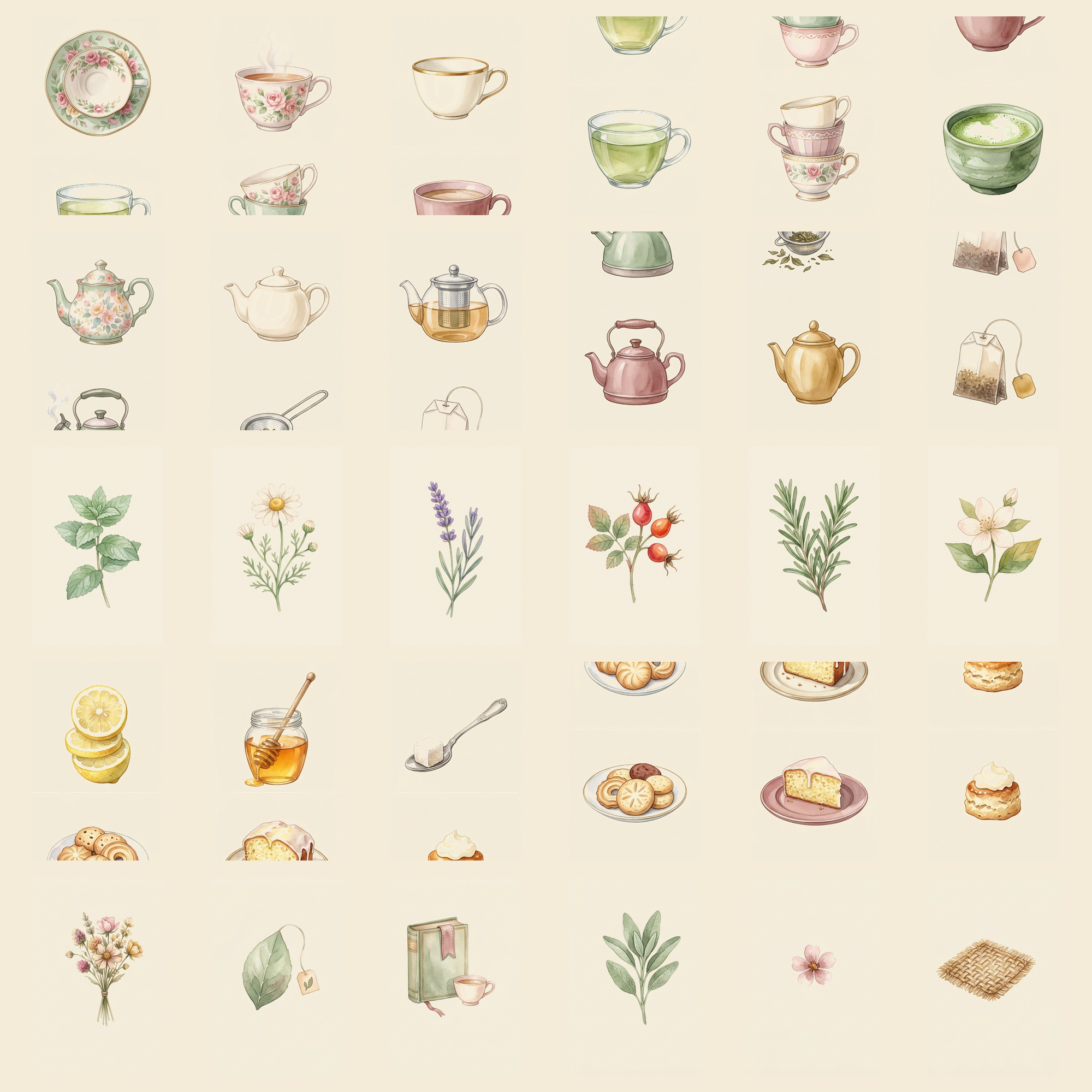 Watercolor Tea Cups and Leaves Clipart, 30 PNG, Transparent Background, Commercial Use, Digital Download