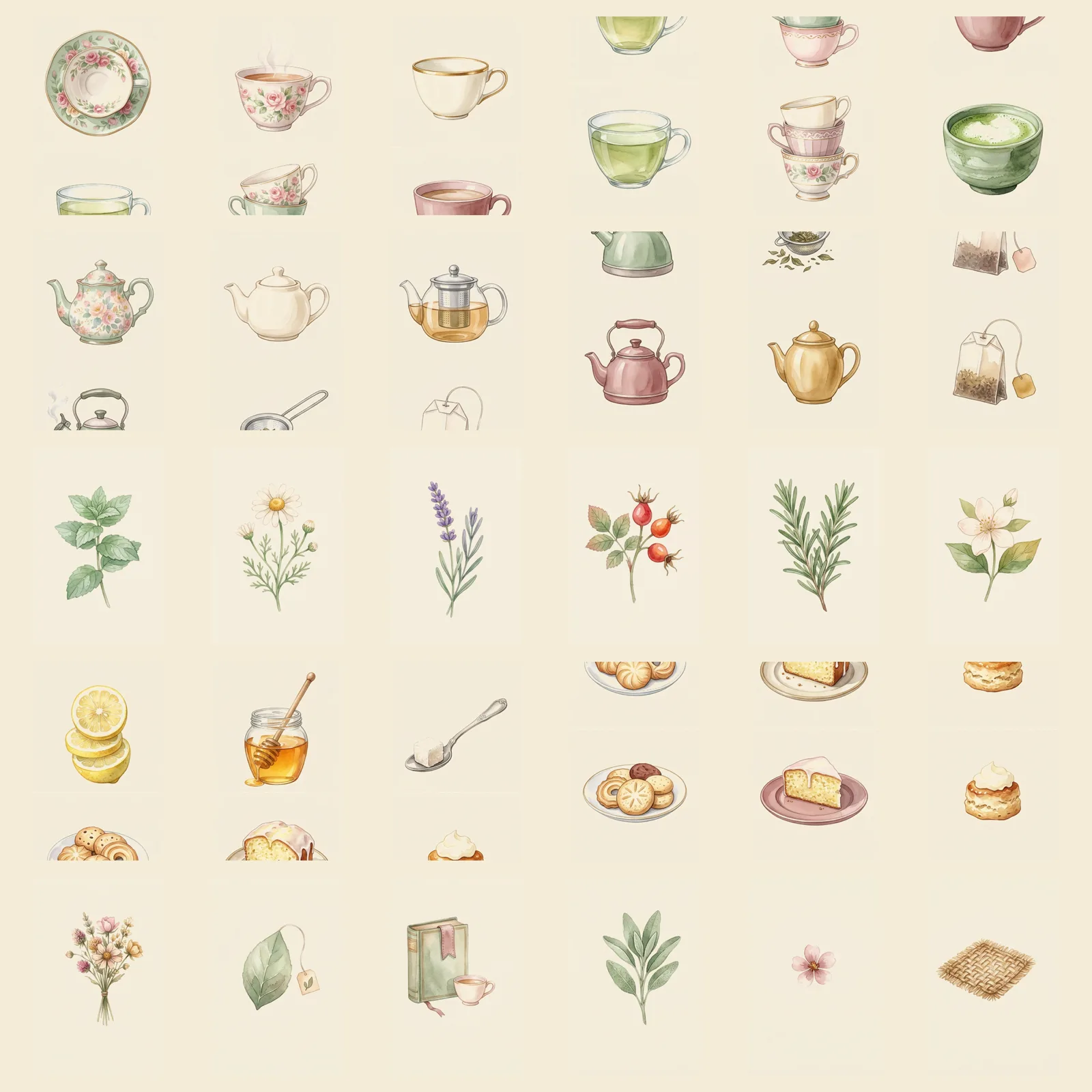 Watercolor Tea Cups and Leaves Clipart, 30 PNG, Transparent Background, Commercial Use, Digital Download