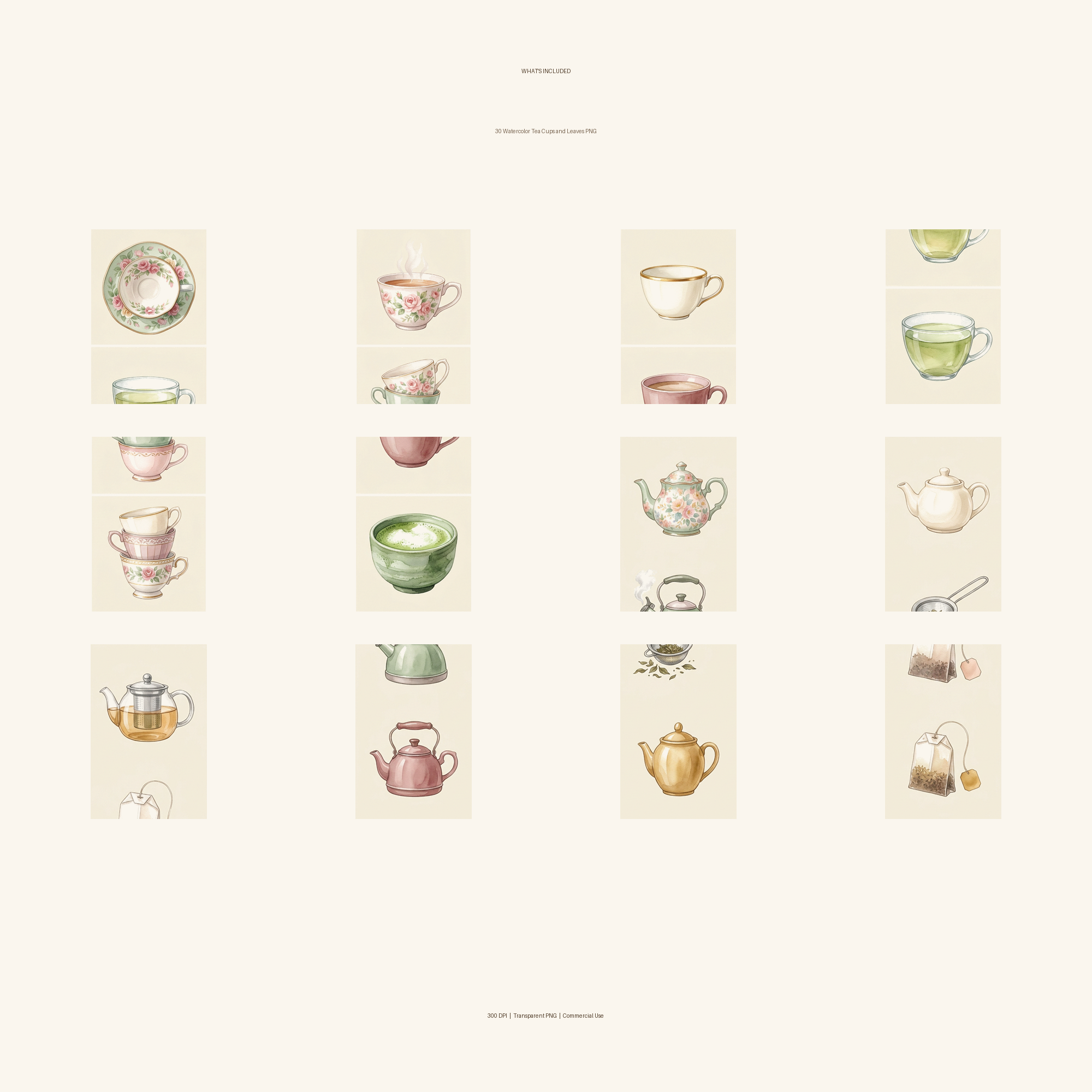 Watercolor Tea Cups and Leaves Clipart, 30 PNG, Transparent Background, Commercial Use, Digital Download