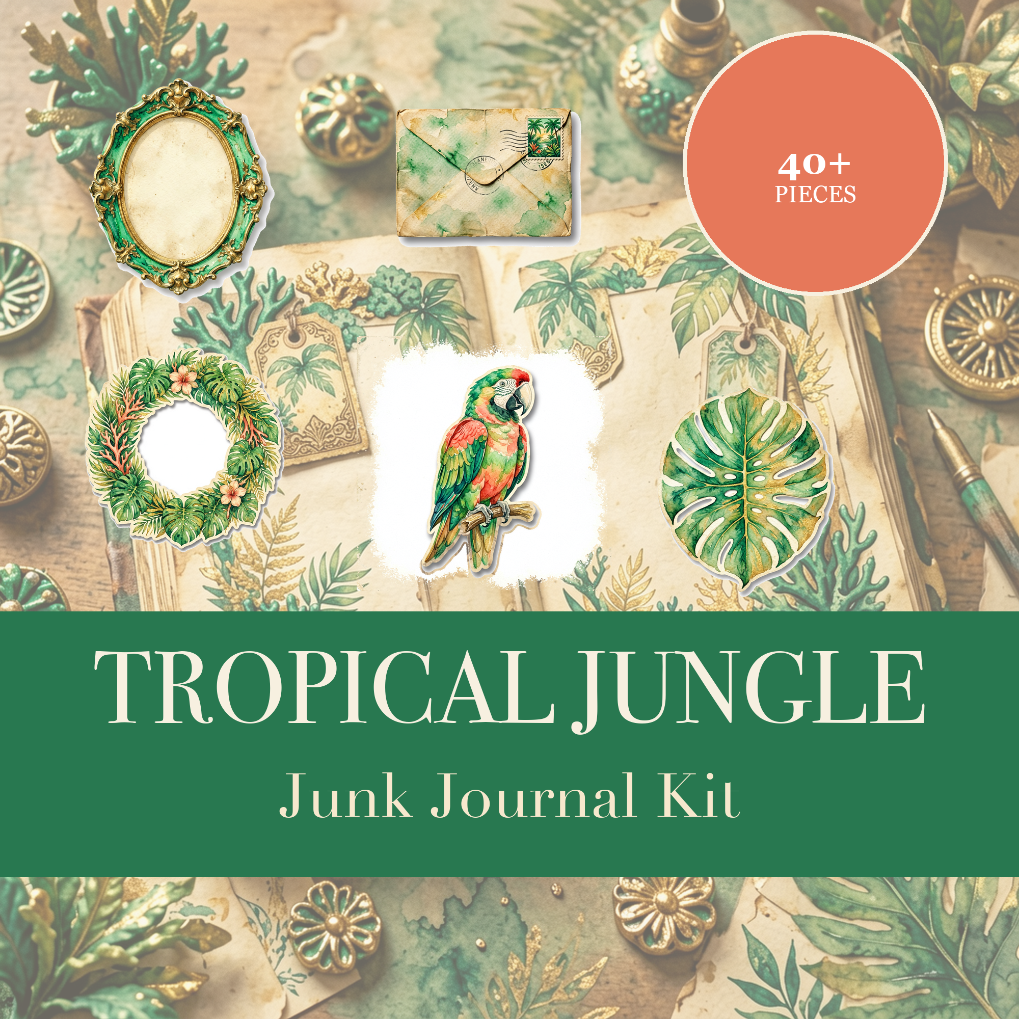 Tropendschungel Junk Journal Kit | Papagei- & Palmen-Ephemera | Bedruckbare Ausschneidemotive | Digitaler Download