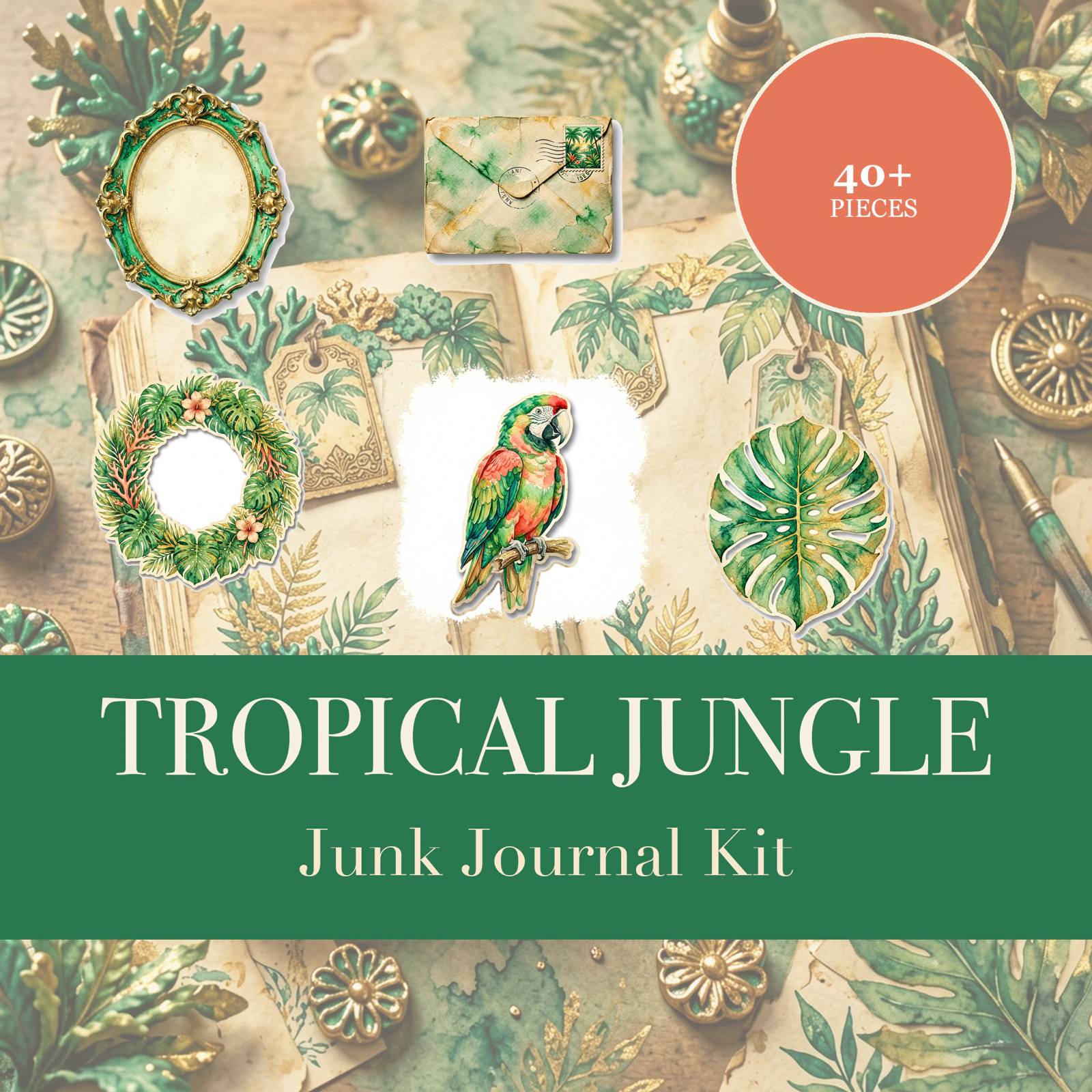Tropical Jungle Junk Journal Kit | Parrot & Palm Ephemera Papers | Printable Cut-Outs | Digital Download