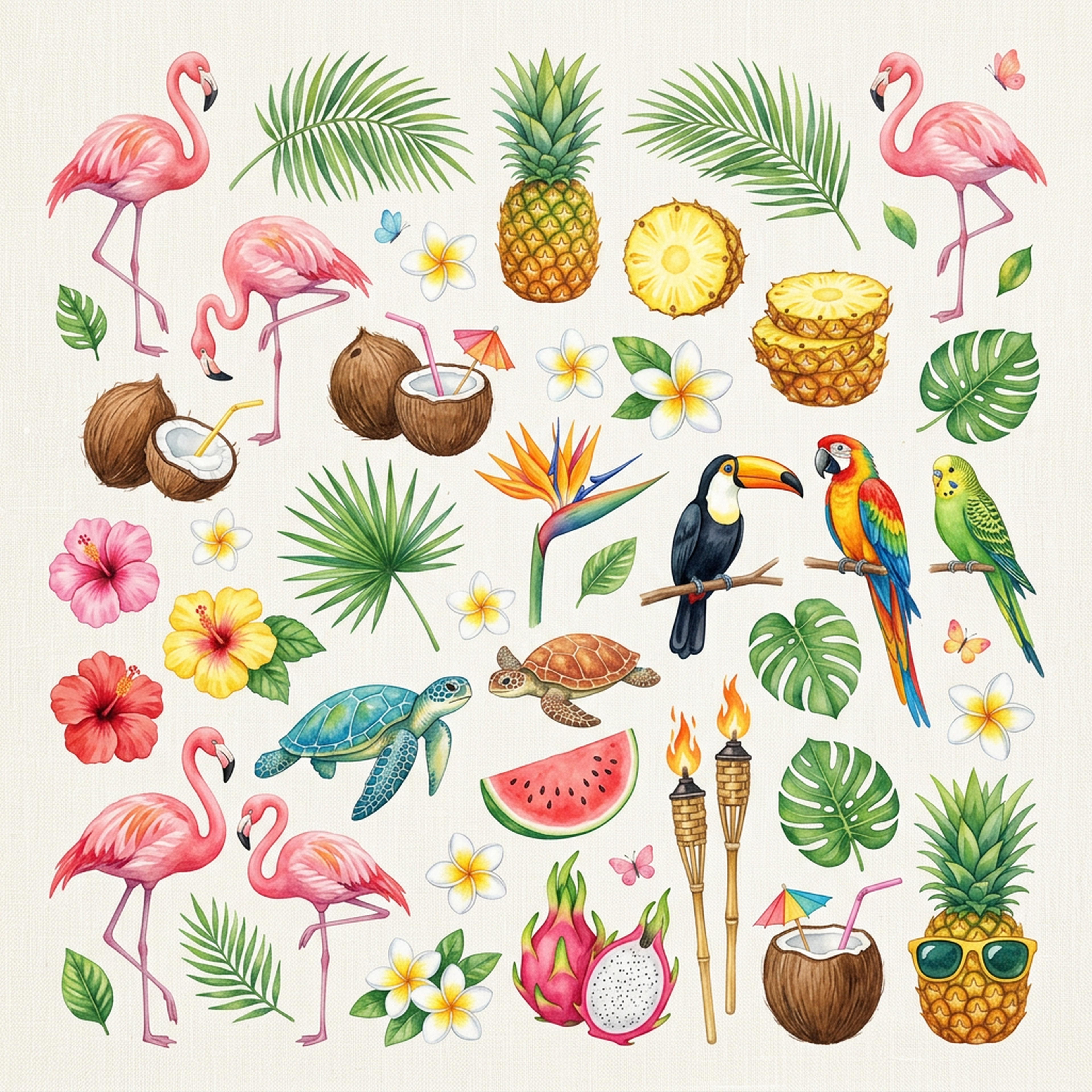 Watercolor Tropical Pineapples and Flamingos Clipart, 30 PNG, Transparent Background, Commercial Use, Digital Download