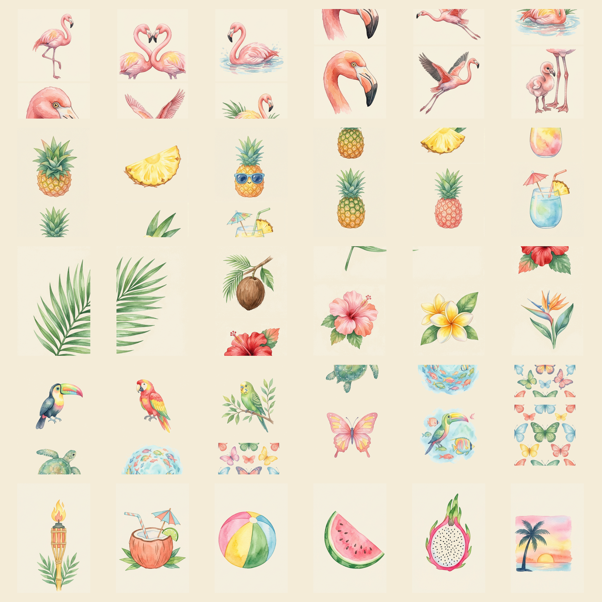 Watercolor Tropical Pineapples and Flamingos Clipart, 30 PNG, Transparent Background, Commercial Use, Digital Download