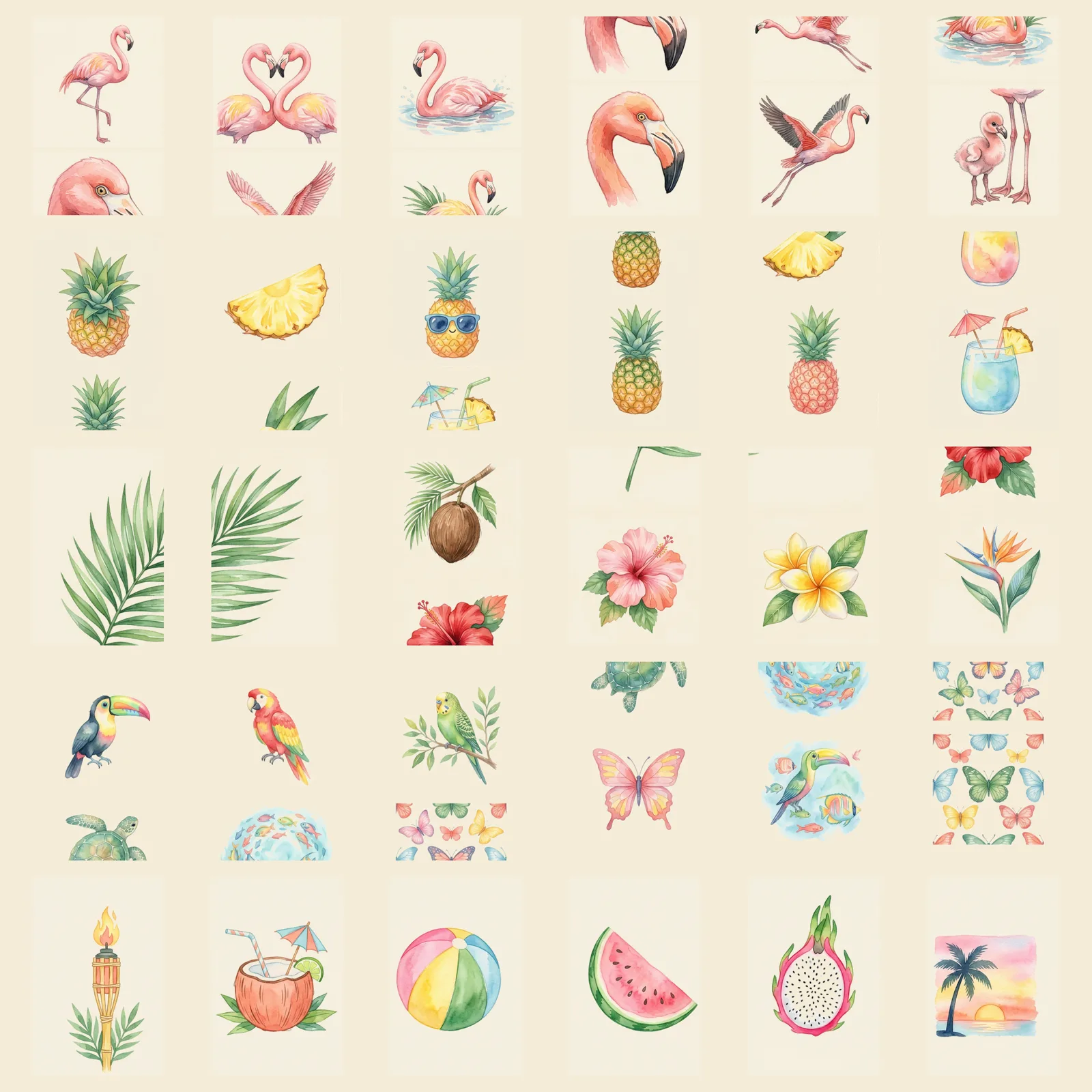 Watercolor Tropical Pineapples and Flamingos Clipart, 30 PNG, Transparent Background, Commercial Use, Digital Download