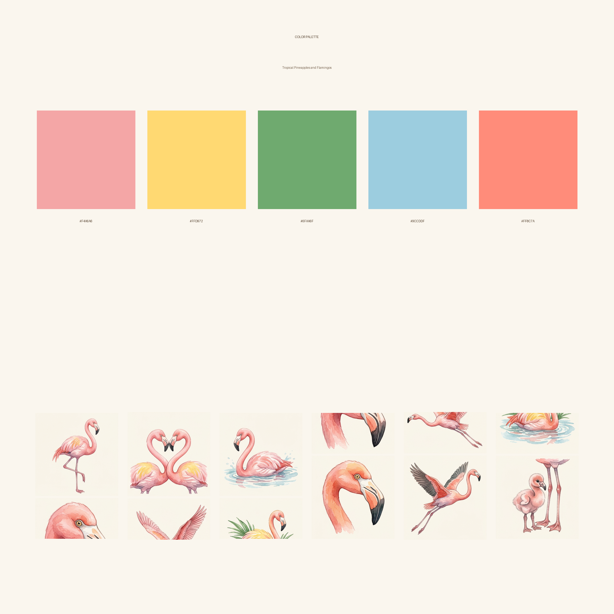 Watercolor Tropical Pineapples and Flamingos Clipart, 30 PNG, Transparent Background, Commercial Use, Digital Download