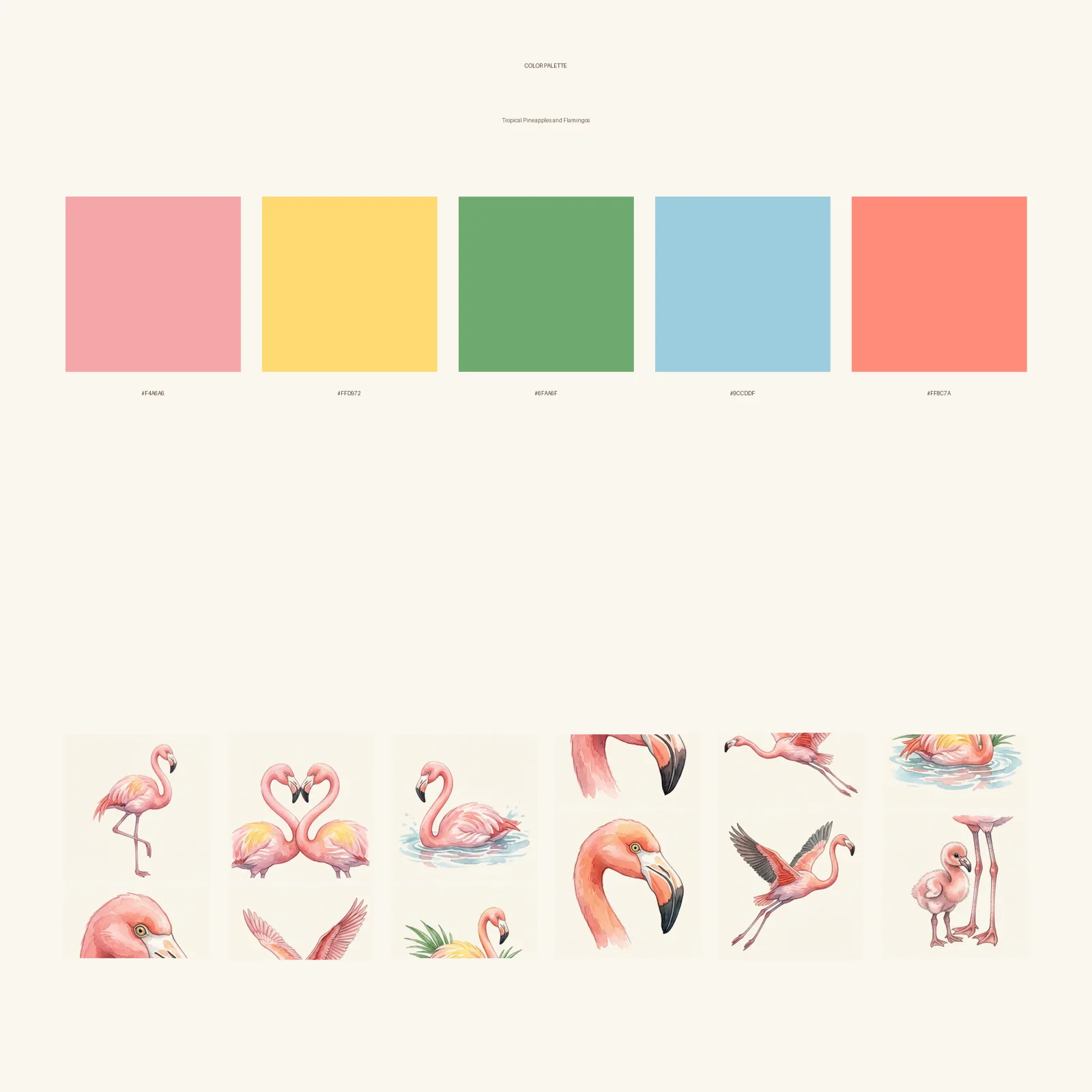 Watercolor Tropical Pineapples and Flamingos Clipart, 30 PNG, Transparent Background, Commercial Use, Digital Download