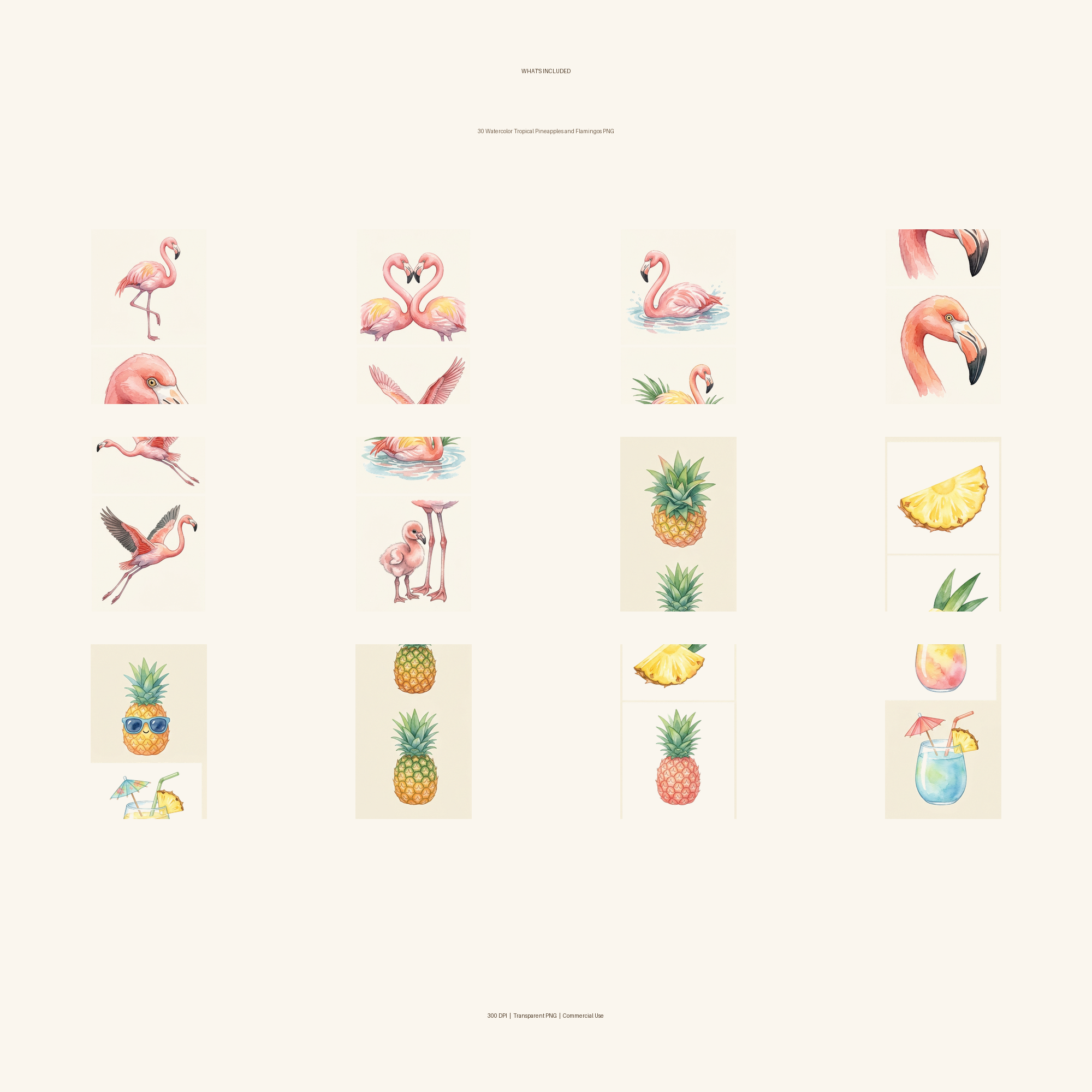 Watercolor Tropical Pineapples and Flamingos Clipart, 30 PNG, Transparent Background, Commercial Use, Digital Download