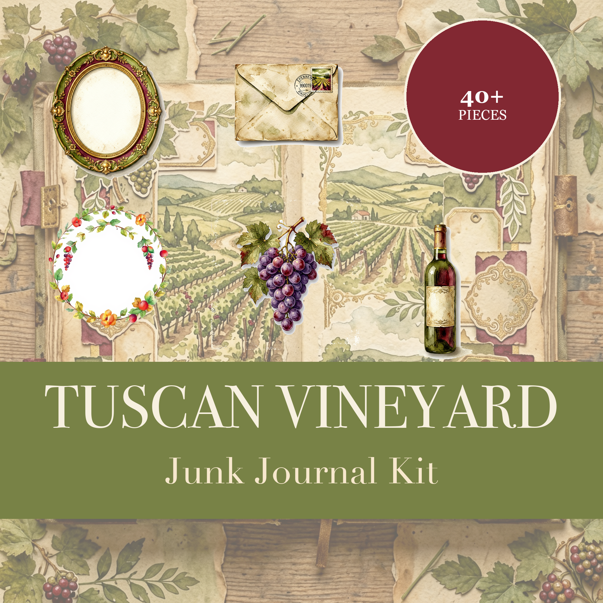 Kit Junk Journal Vignoble Toscan | Papiers Éphémères Vin & Olive | Découpes à Imprimer | Téléchargement Numérique