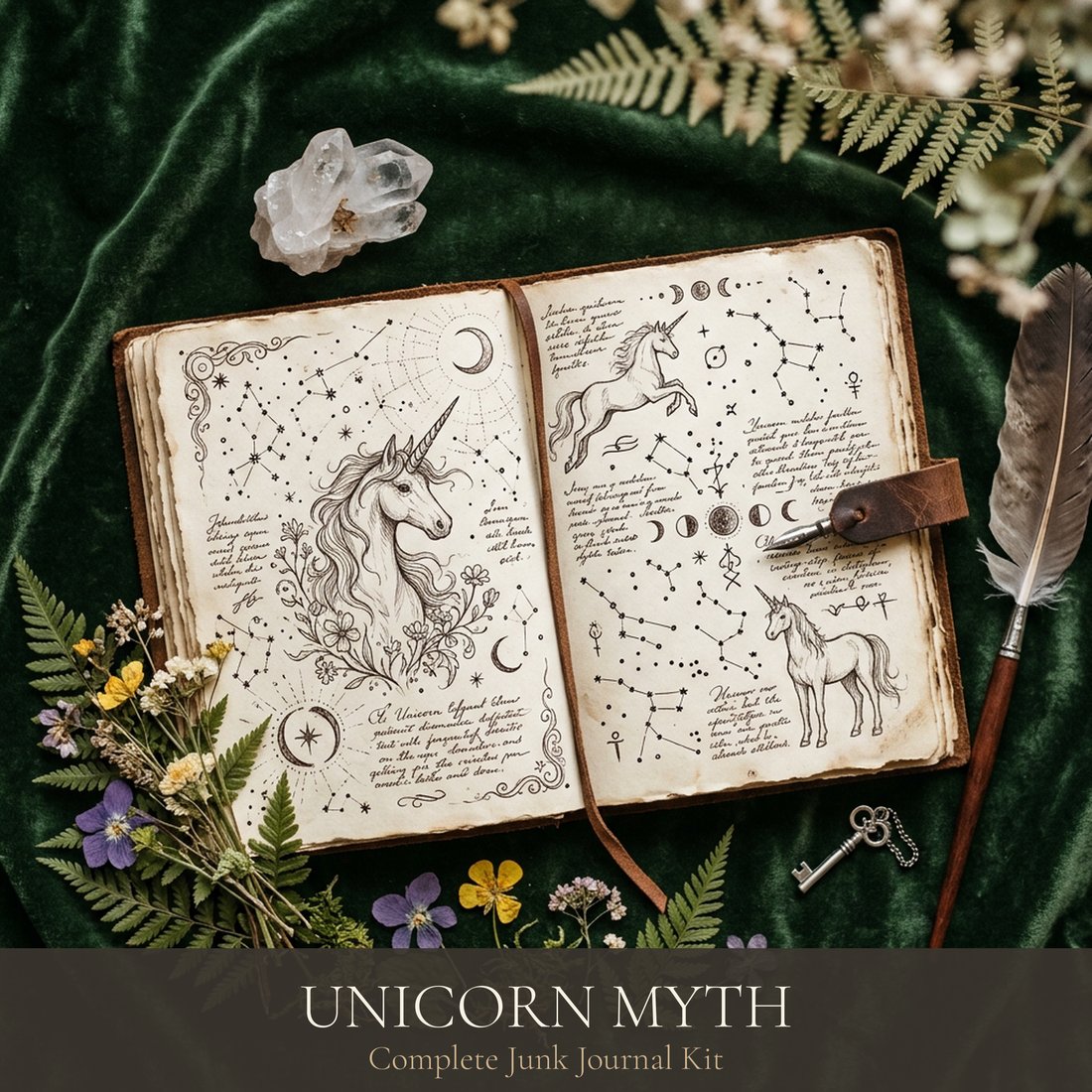 獨角獸神話 Junk Journal 套組 | 魔法森林 Ephemera | 復古奇幻 | 數位下載