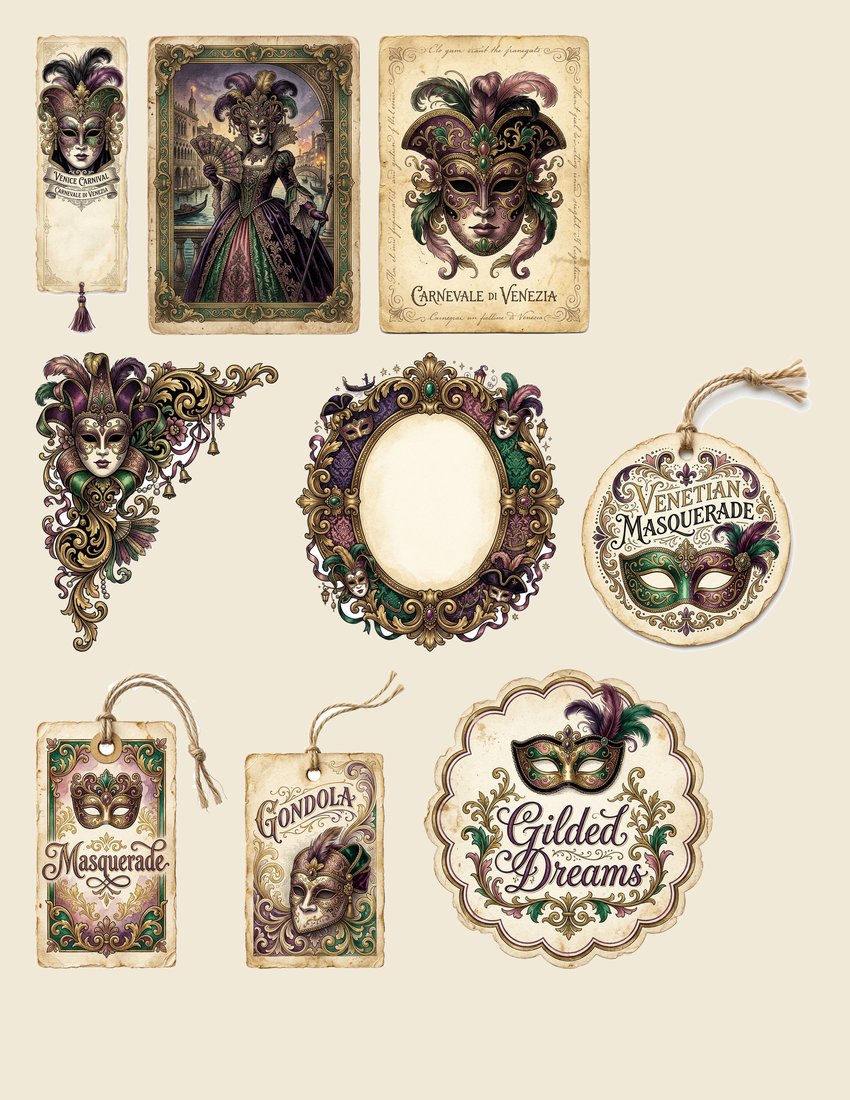 Venetian Carnival Masquerade Junk Journal Kit | Vintage Ephemera & Paper Craft | Digital Download