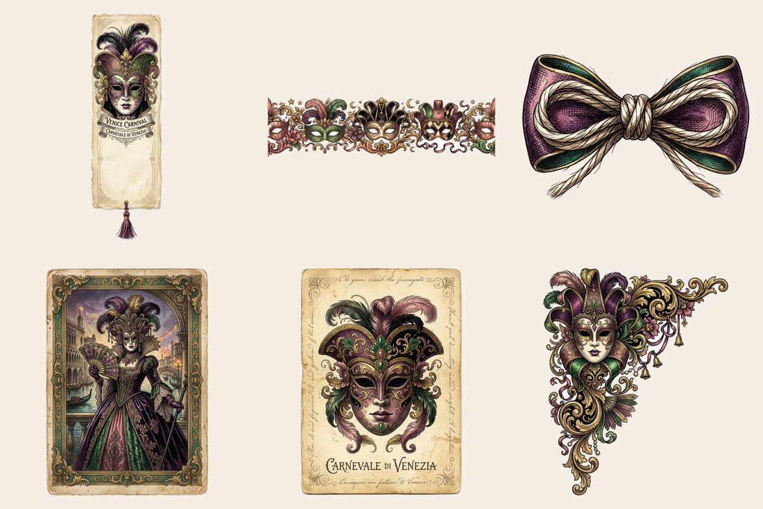 Venetian Carnival Masquerade Junk Journal Kit | Vintage Ephemera & Paper Craft | Digital Download
