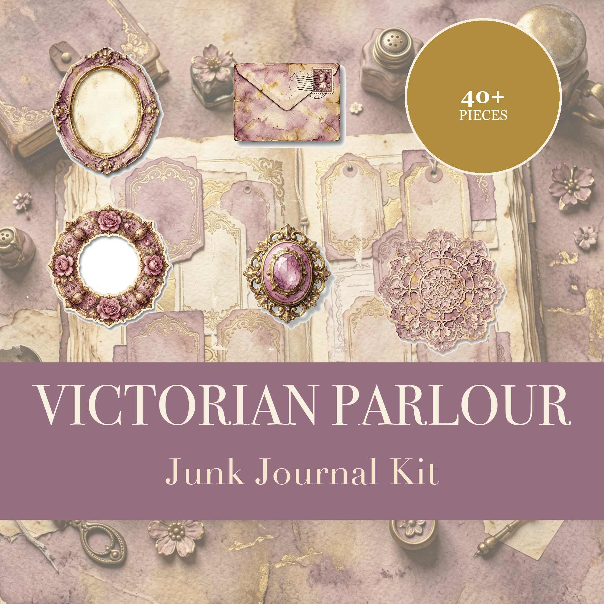Victorian Parlour Junk Journal Kit | Antique Lace & Cameo Ephemera | Printable Cut-Outs | Digital Download