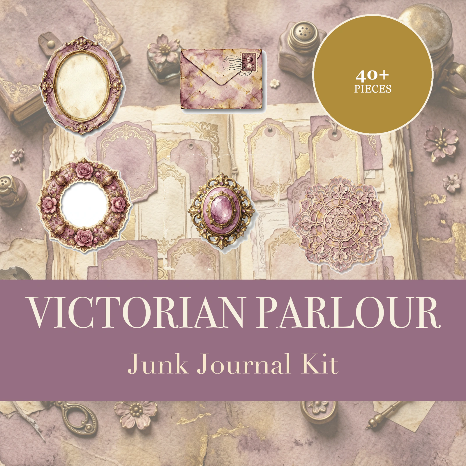 Victorian Parlour Junk Journal Kit | Antique Lace & Cameo Ephemera | Printable Cut-Outs | Digital Download